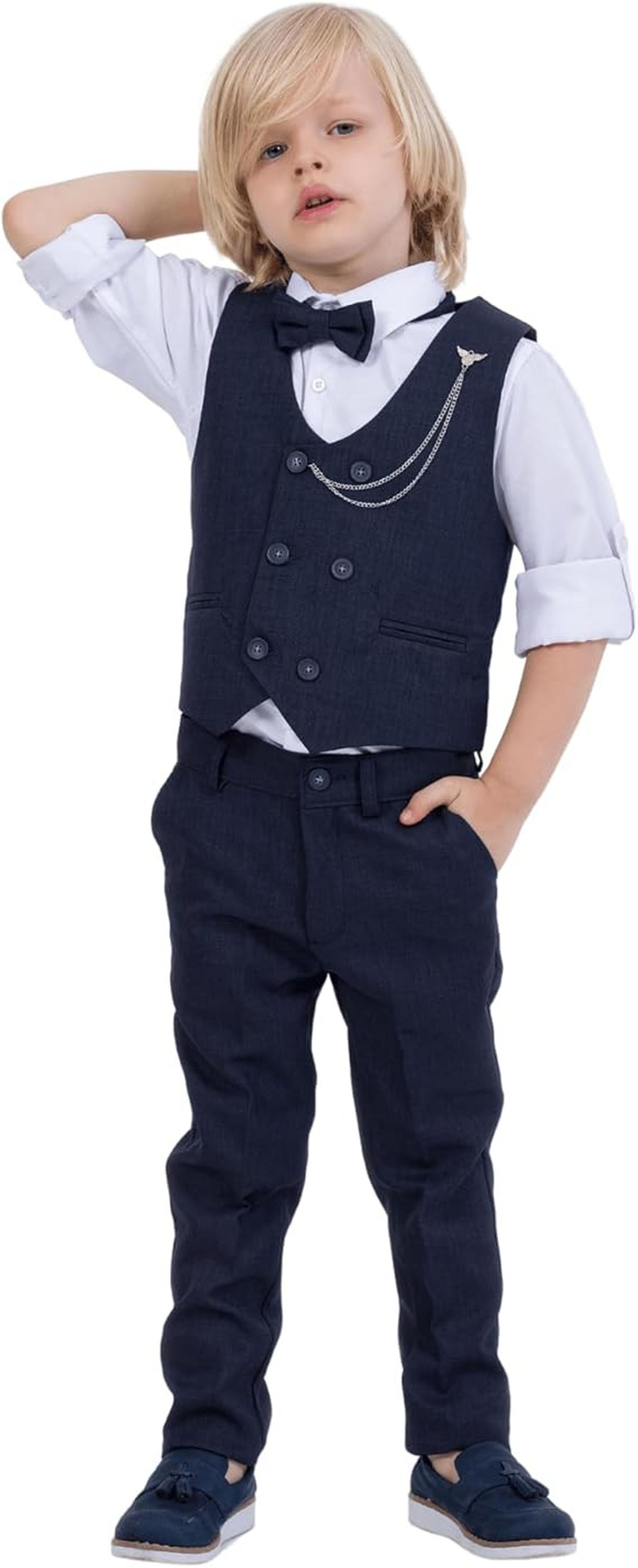 Boys 4-Piece Vest Suit Set with Shirt, Trousers, Waistcoat and Bow Tie Formal Party Outfit - Navy Blue 1-2 Years