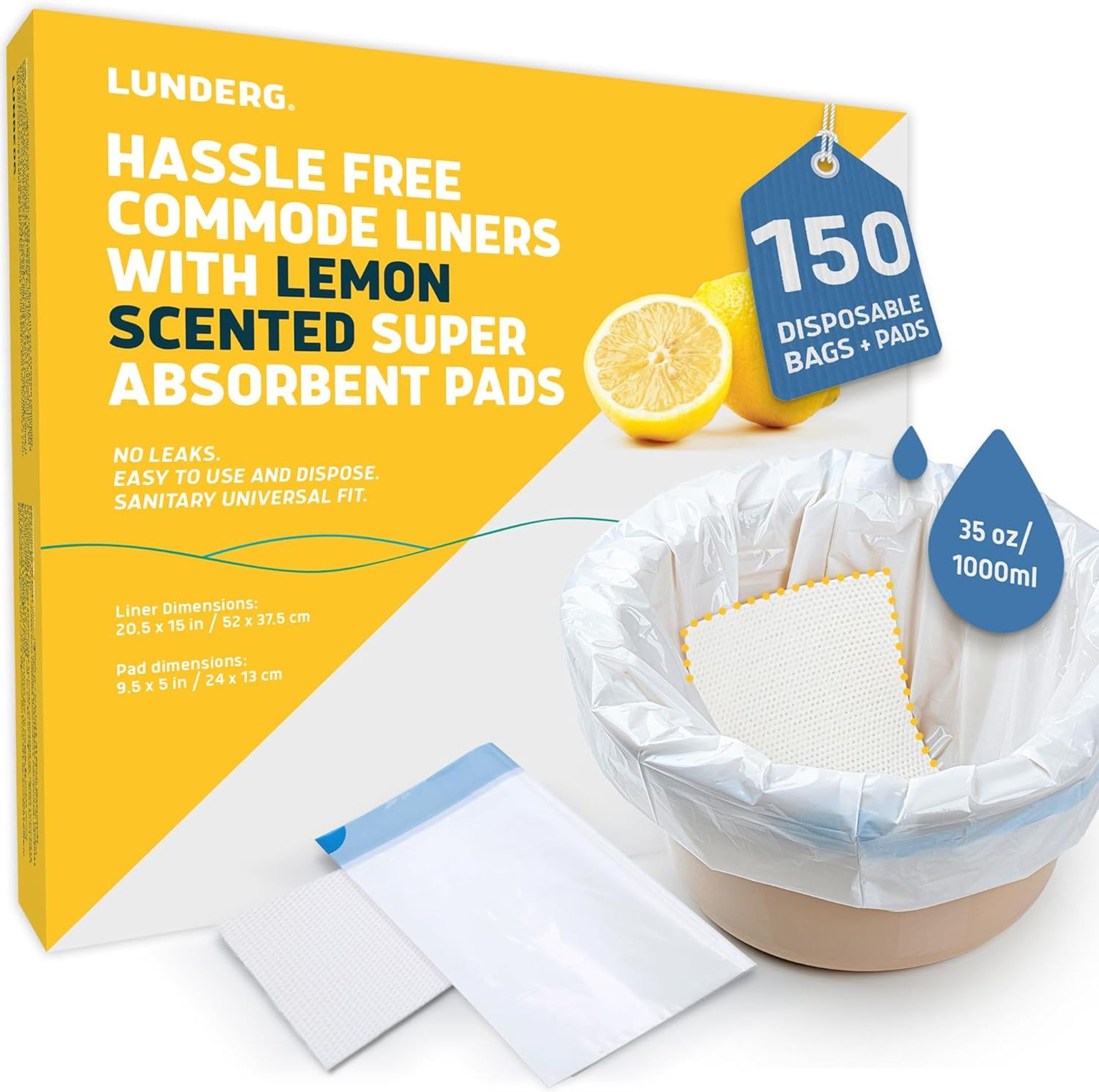 Commode Liners with Absorbent Pads Lemon Scent Medical Grade 150 Count Universal Fit - Lemon Pack of 150