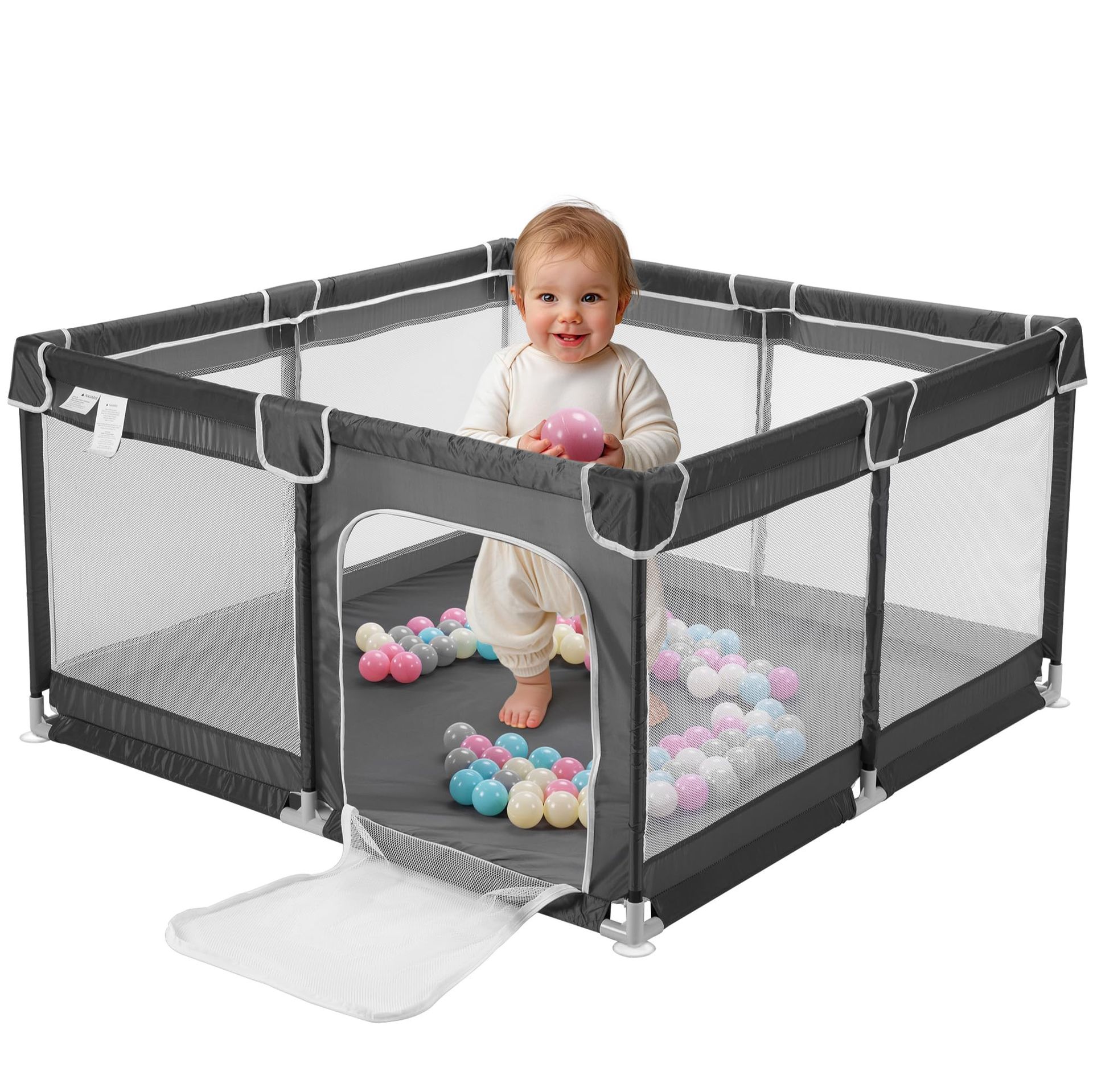 Baby Large Playpen 130x130cm Breathable Mesh Safety Gate for Indoors & Outdoors - Grey