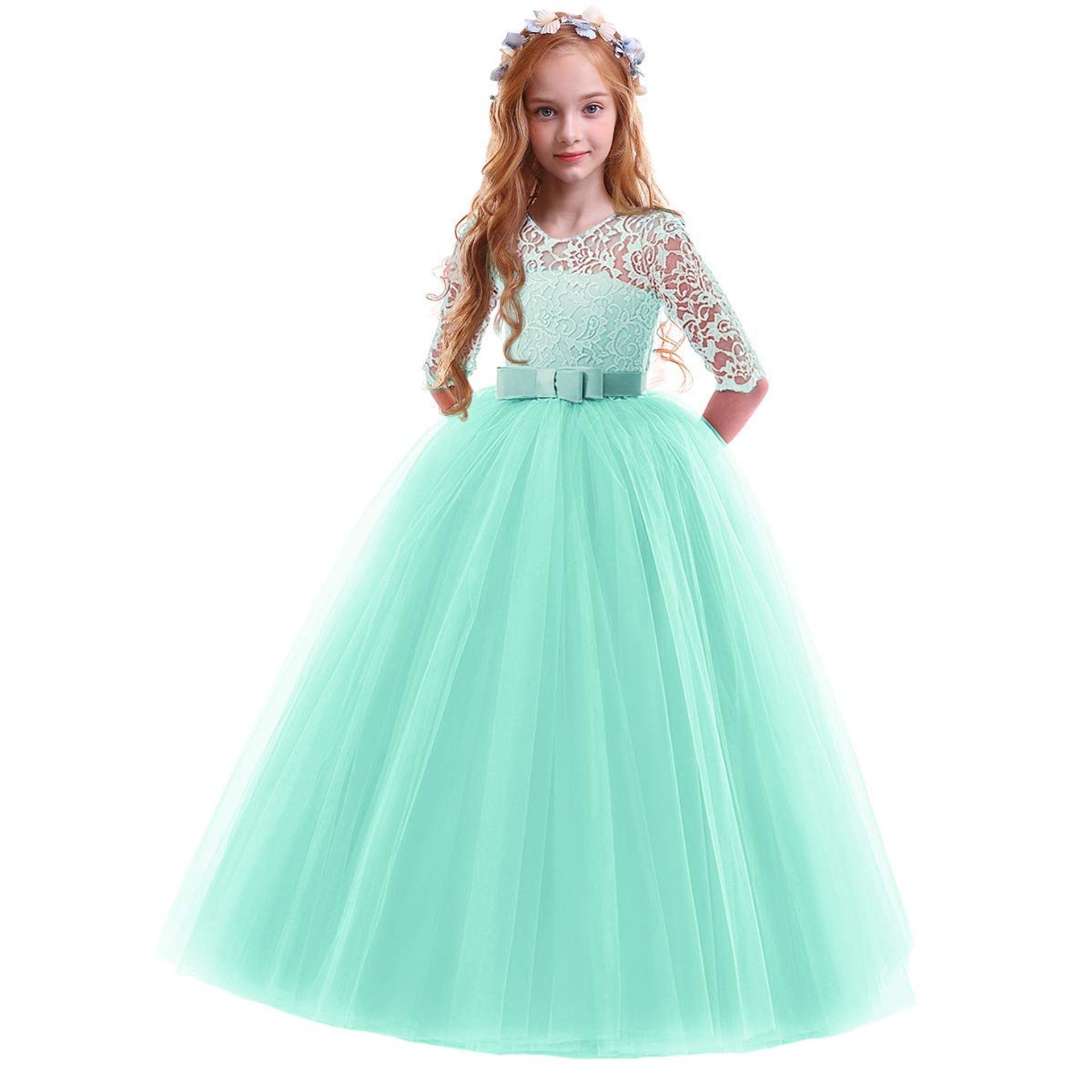 Girls Lace 3/4 Sleeve Flower Dress Floor Length Tulle Princess Gown for Weddings, Parties & Pageants - Mint Green 3-4 Years