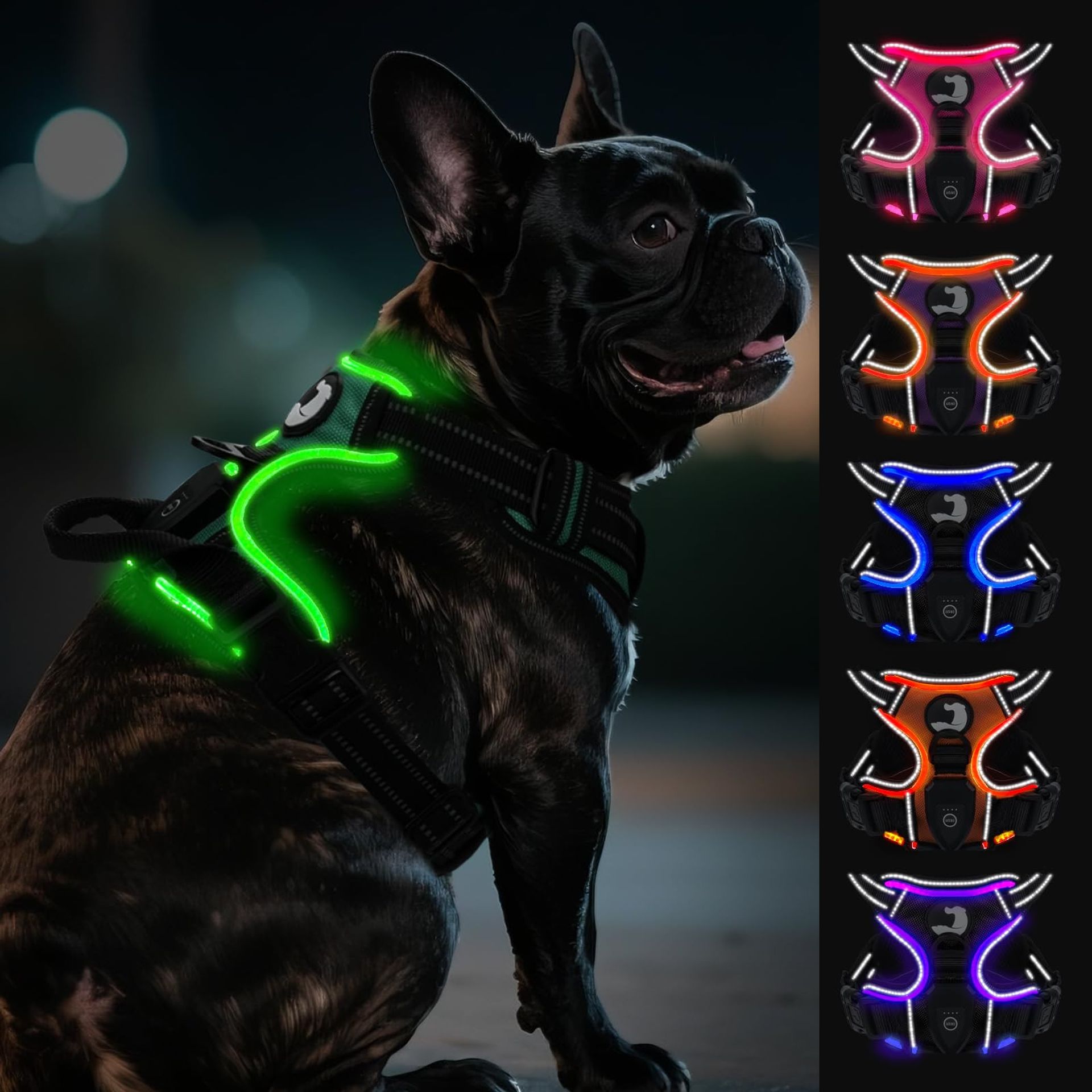 Light Up Dog Harness USB Rechargeable No Pull Design with Reflective Safety and Soft Handle - Green Medium