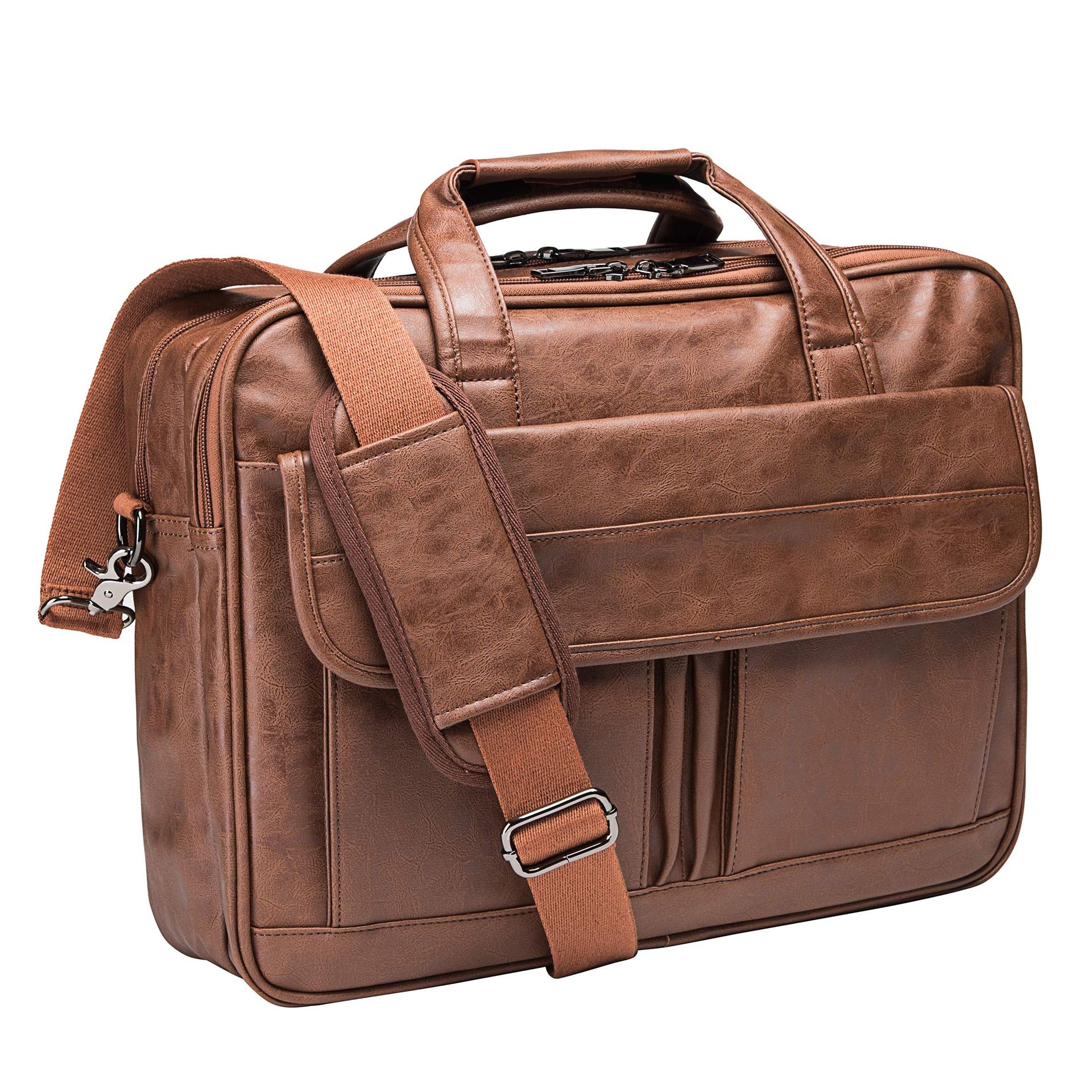 Men's Laptop Messenger Bag Water-Resistant PU Leather Business Briefcase Satchel for Work and Travel - Brown 15.6 inch