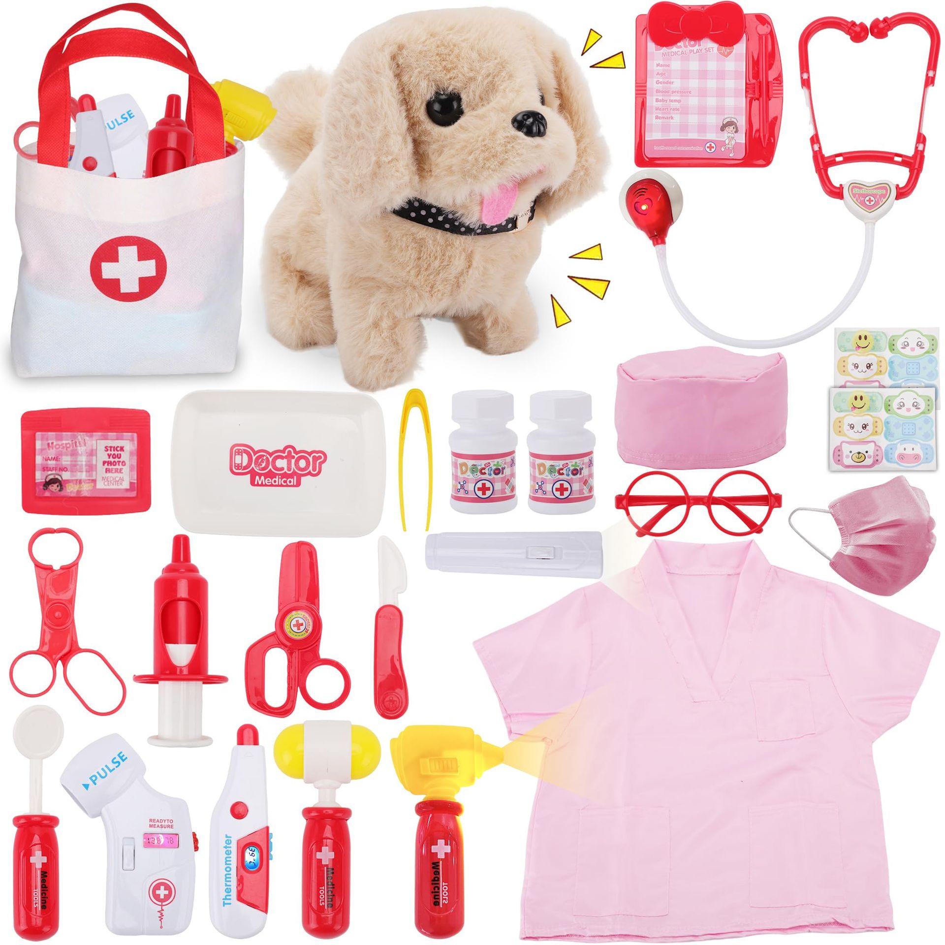 Children's Pet Vet Doctor Play Set with Costume, Plush Dog & Medical Tools - Pink Child-Size