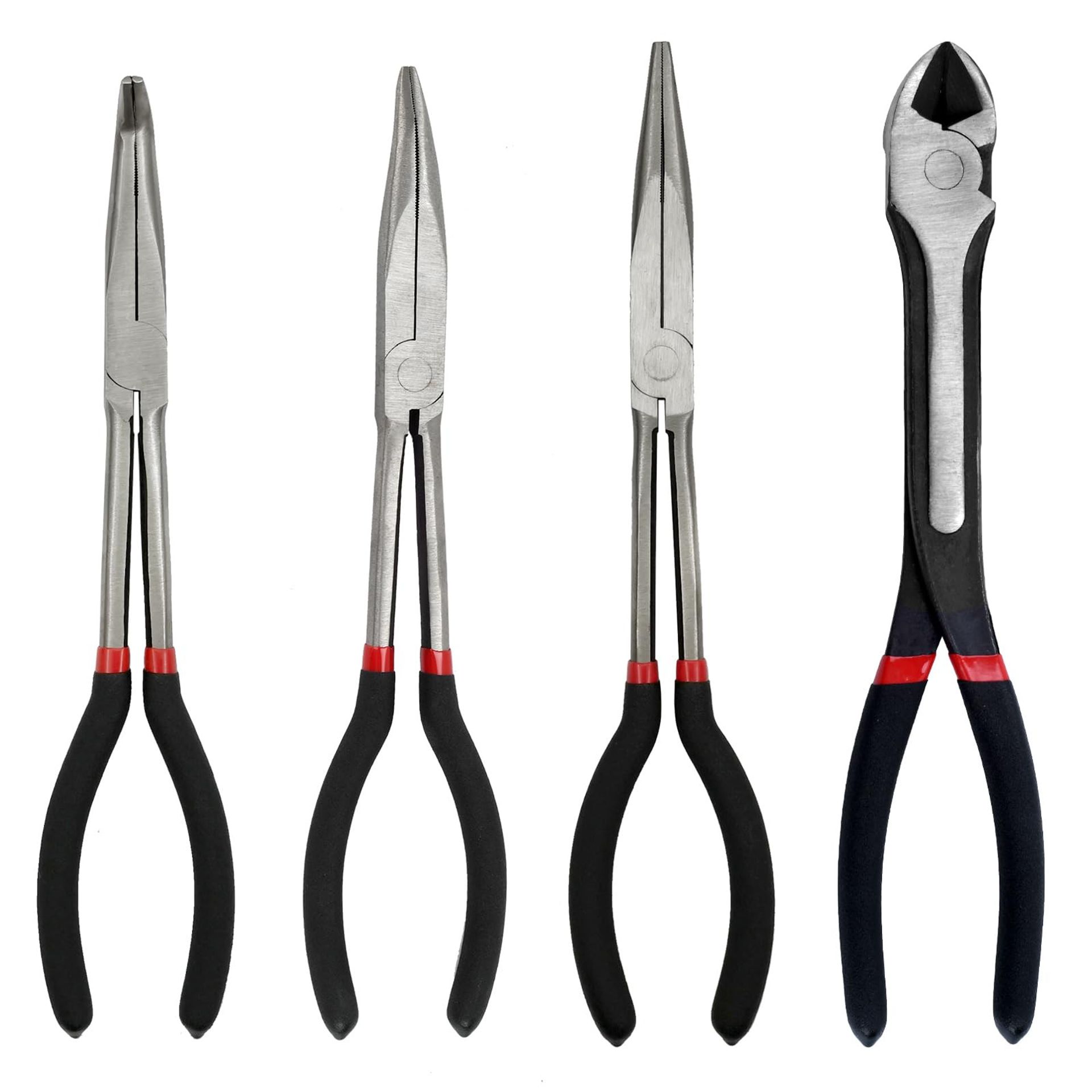 Long Needle Nose Pliers Set 4 Piece Straight 45° 90° Diagonal Angled Jaws - Black 4PCS-Straight/45/90/Diagonal