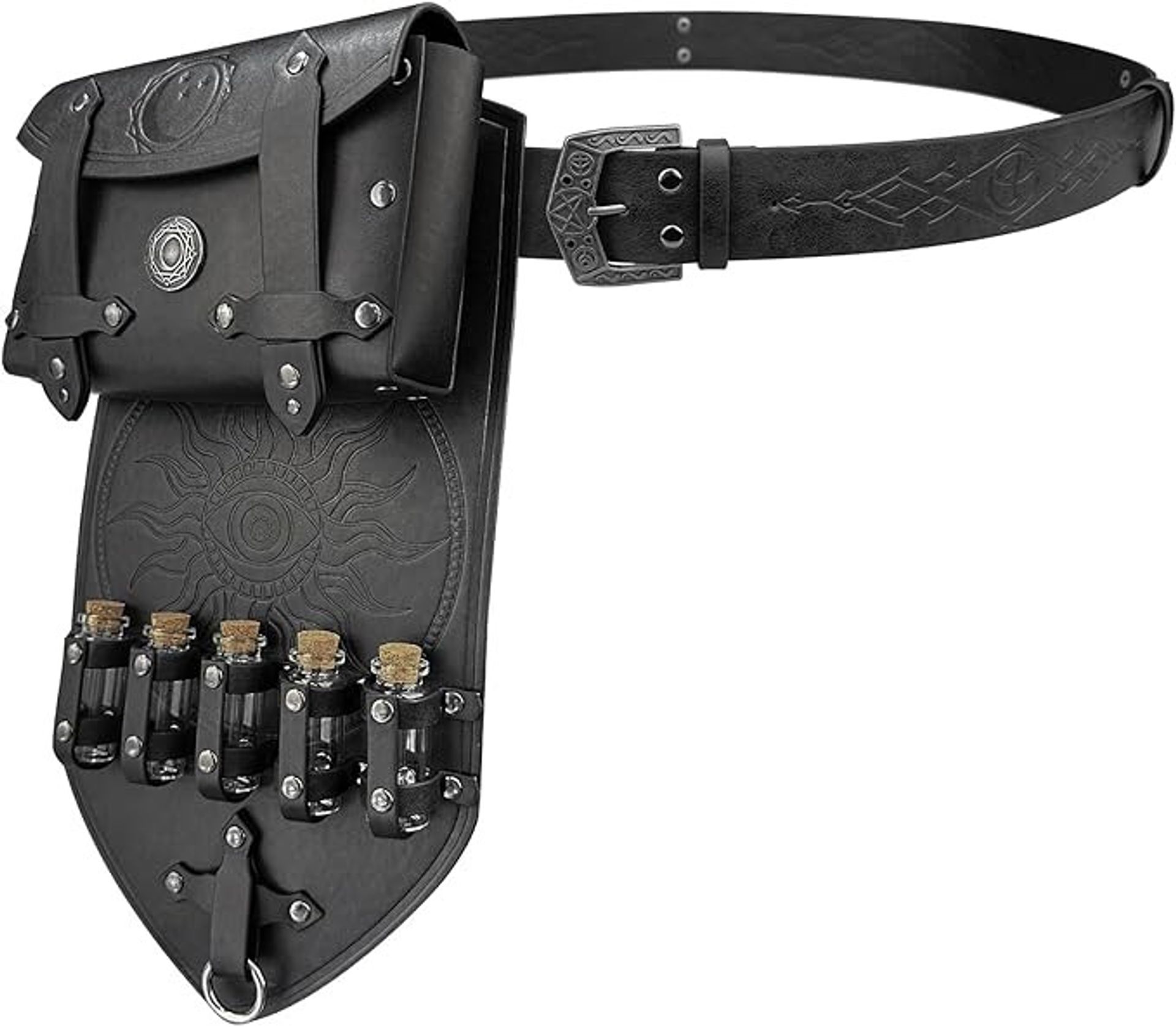 Medieval Alchemy Faux Leather Belt Bag Set with 5 Potion Vials for LARP, Fantasy & Cosplay - Black A