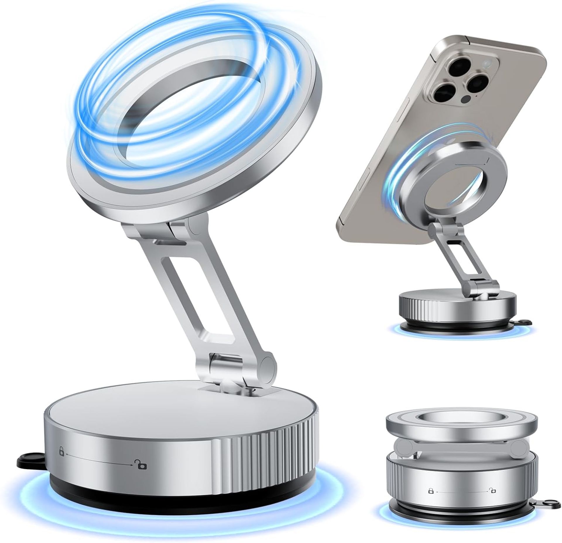 Magnetic Car Phone Holder Mount 360° Rotatable Vacuum Suction for iPhone & Android - Silver JT Suction PhoneMount