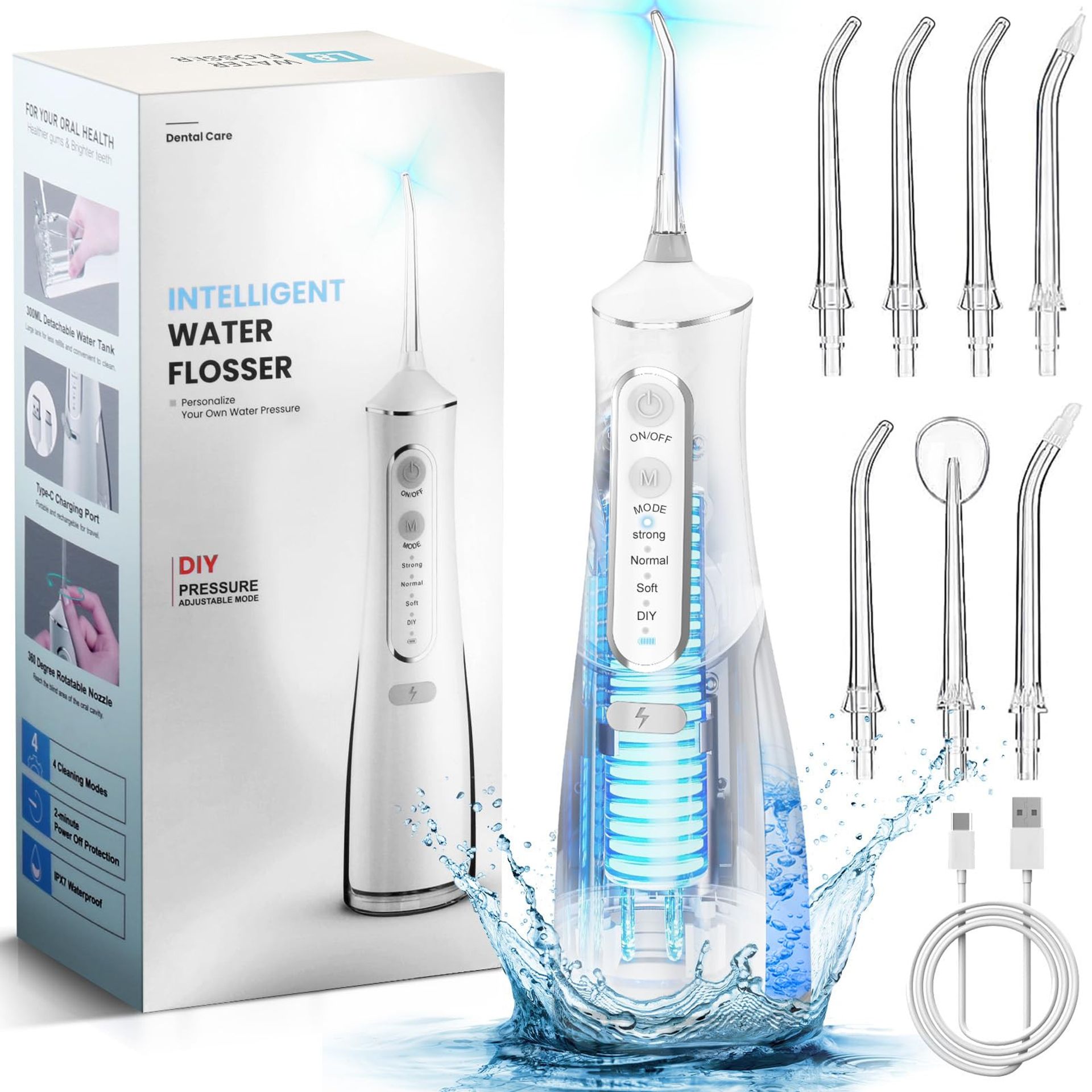 Portable Cordless Water Flosser for Teeth Rechargeable 5 Modes 300ML IPX7 Waterproof Oral Irrigator with 8 Jet Tips - White