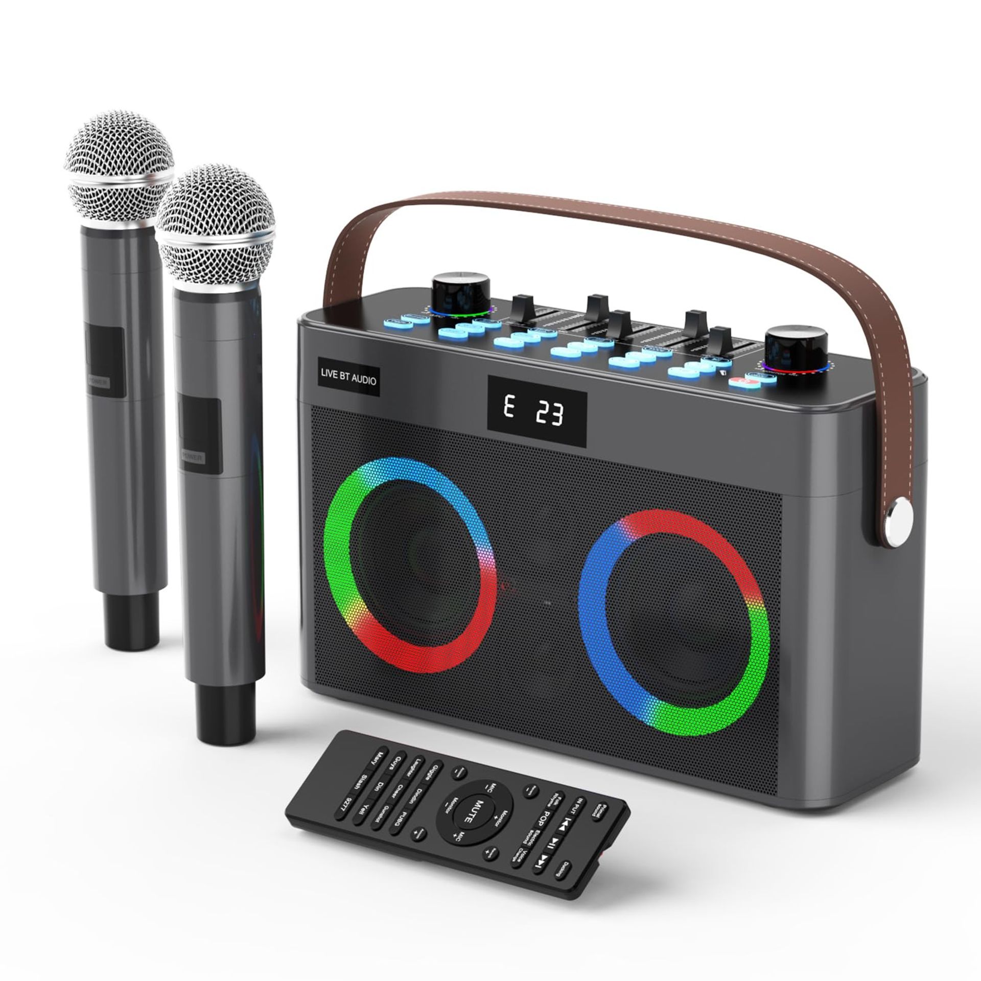 Portable Bluetooth Karaoke Machine Speaker with 2 Wireless Microphones, LED Lights, TF Card & AUX Input for Home and Outdoor Parties - Black MT-LHY5