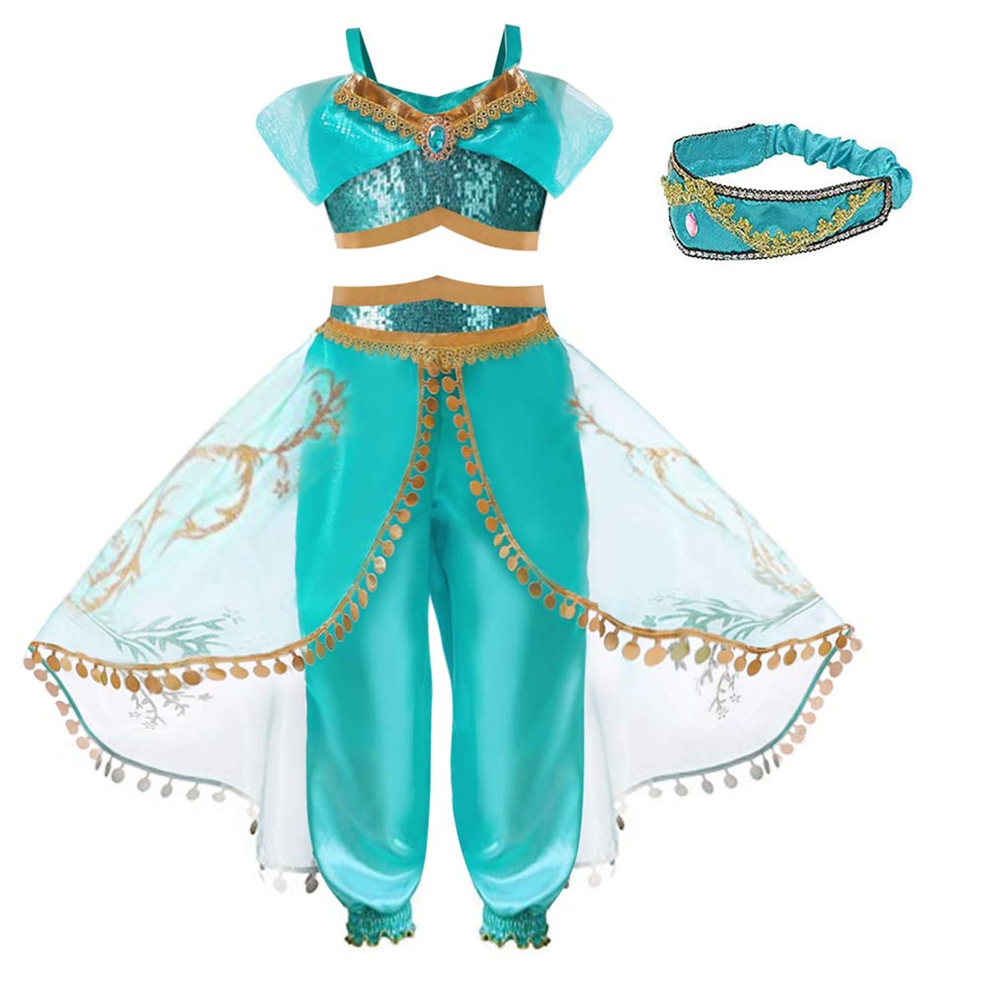 Girls Princess Fancy Dress Costume Jasmine-Inspired Outfit with Headband for Birthday Party Role Play - Blue With Headband 5-6 Years