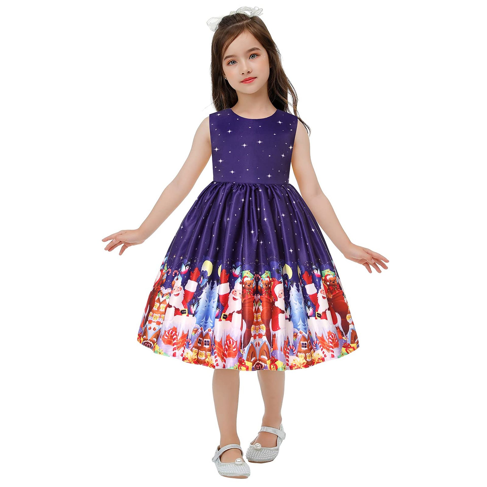 Girls Christmas Party Dress Satin Santa Outfit Knee-Length Elegant Festive Design - Blue 5-6 Years