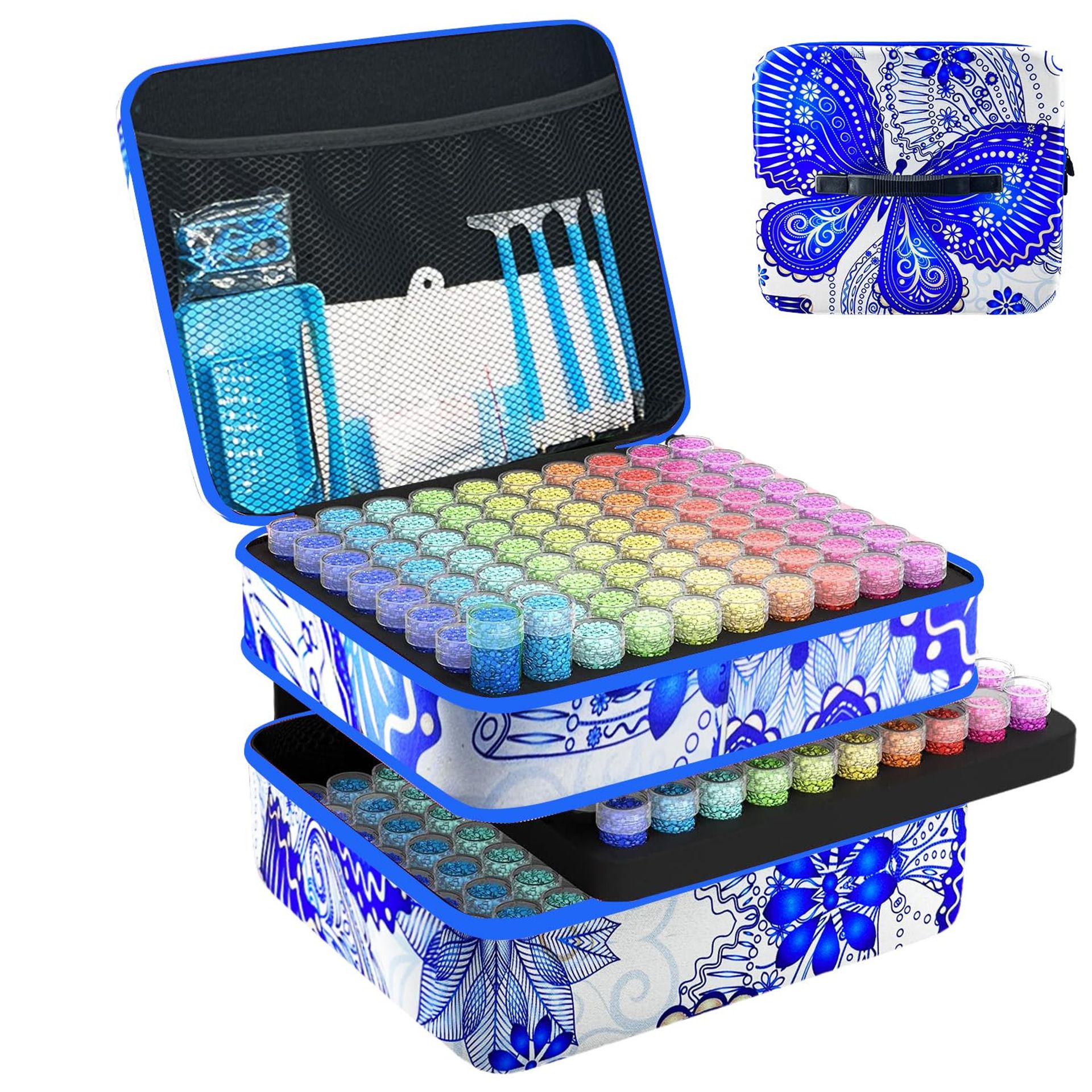 Diamond Painting Storage Box with 240 Clear Jars and Organiser Bag for Beads, Jewellery and Crafts - Blue X-Large