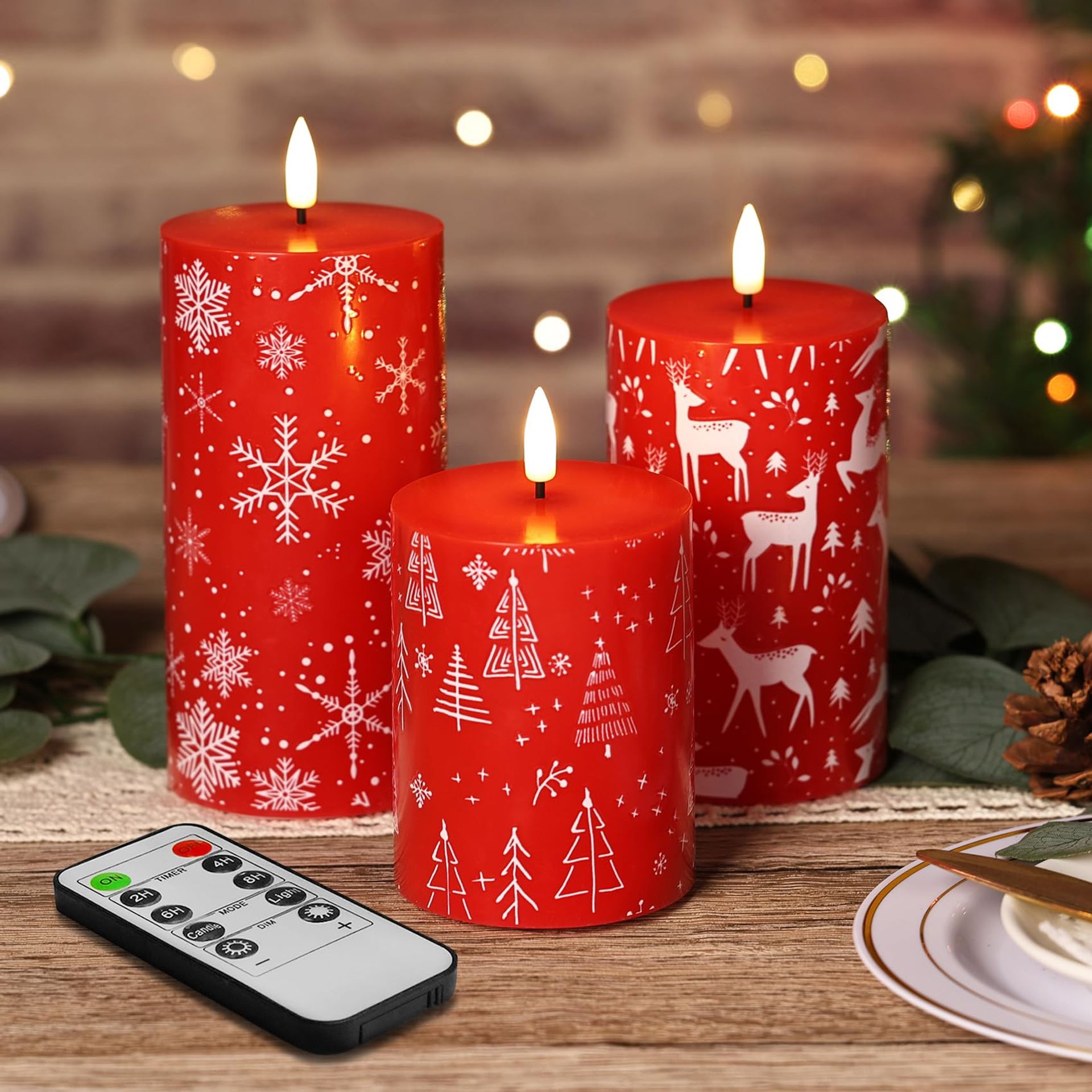 Flameless LED Candles Set of 3 with Remote, Real Wax Christmas Deer Snowflake Design Battery Operated - Christmas 15cm