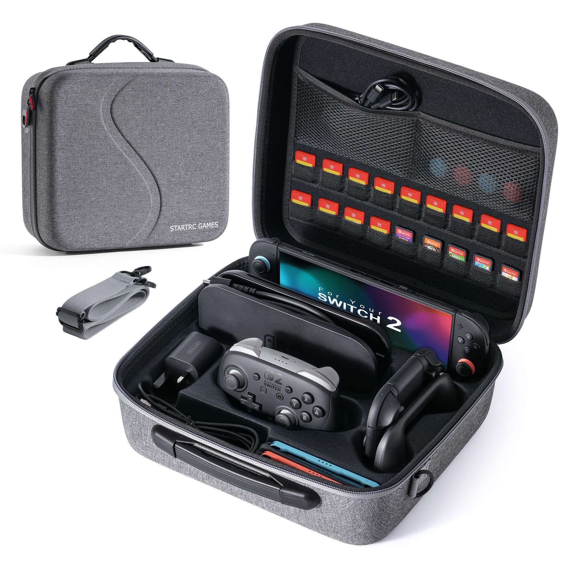 Hard Carry Case for Nintendo Switch 2 Console 18 Game Card Slots Large Travel Storage Bag - Grey L
