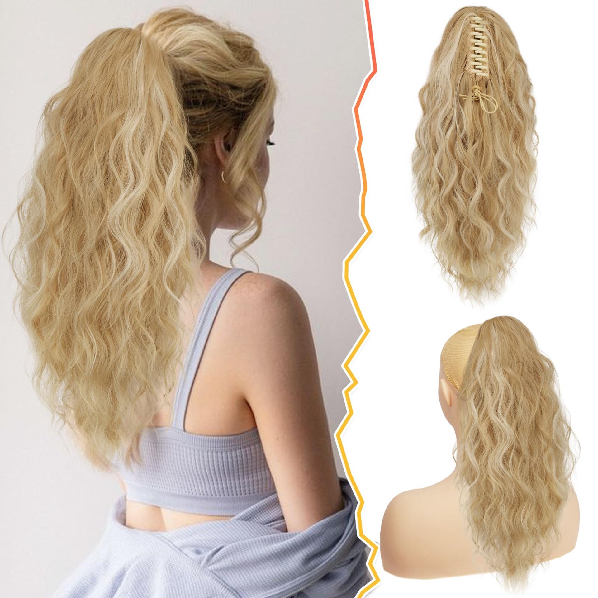 Ponytail Extension Long Curly Wavy Synthetic Hairpiece Claw Clip Secure Fit for Women - Sandy Blonde with Platinum Highlights 18 Inch - Valentines - Valentines