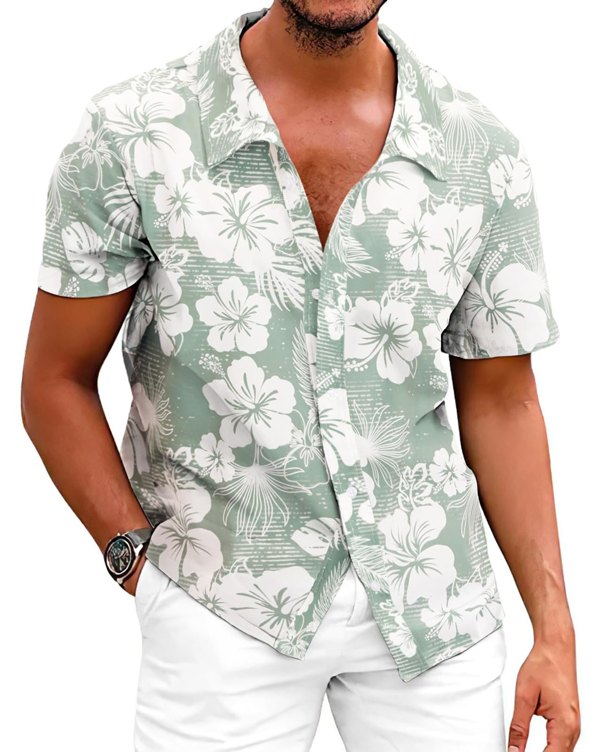 Men's Hawaiian Shirt Tropical Beach Floral Cotton Button-Up Casual Summer Top - Green M