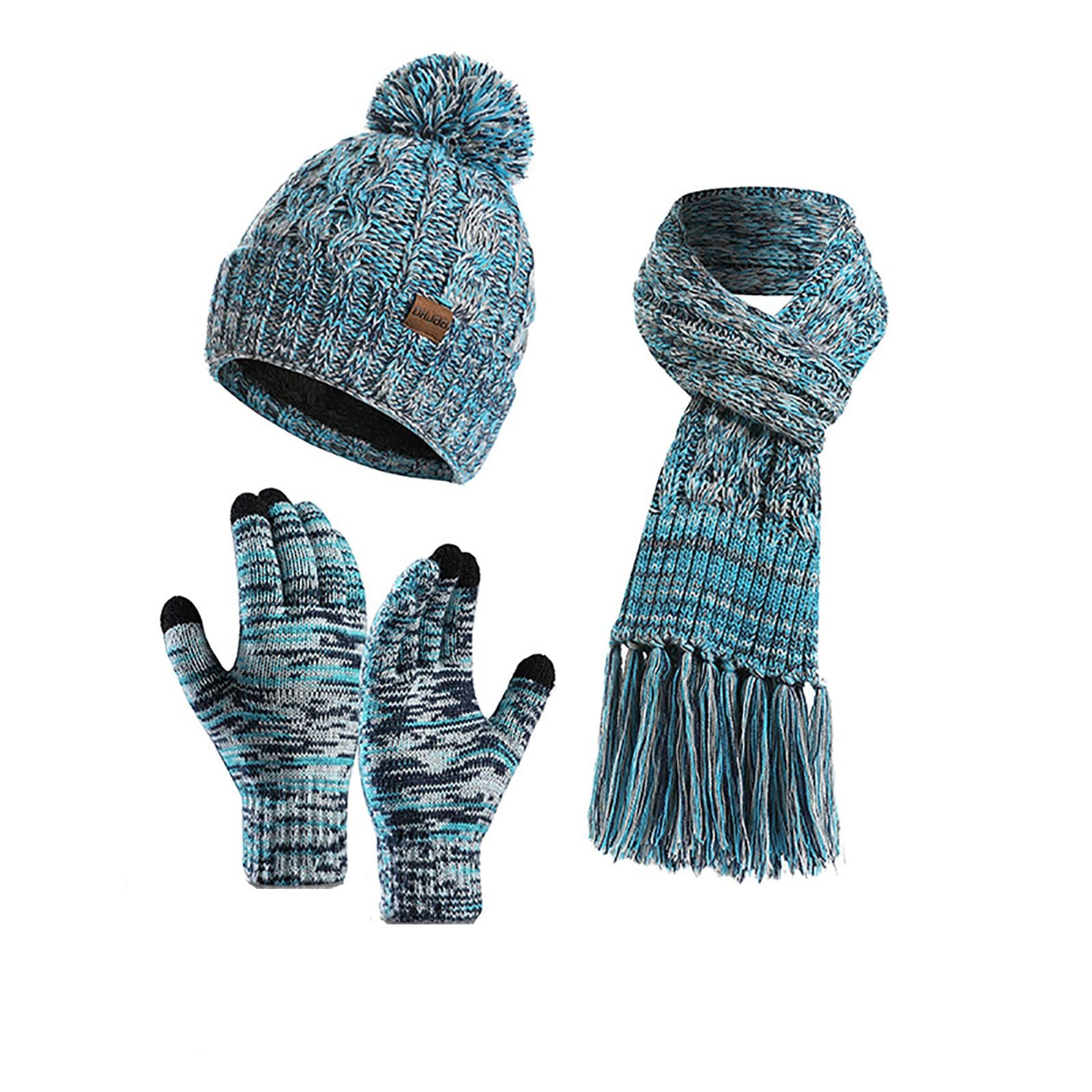 Women's Bobble Hat, Scarf and Touchscreen Gloves Set Fleece Lined Winter Warm Accessories - Blue One Size