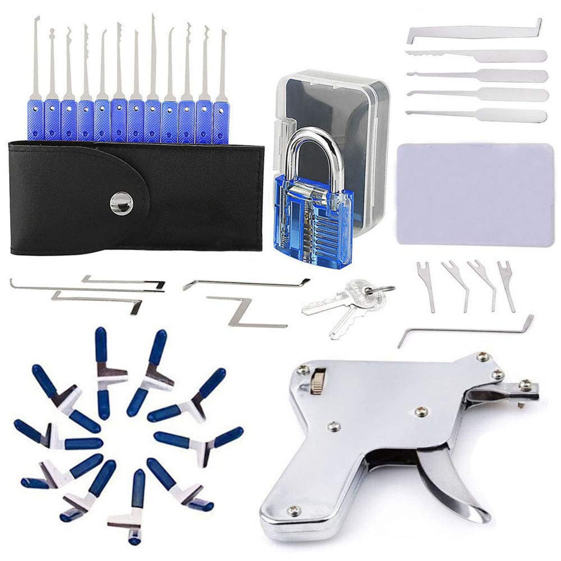 Locksmith Training Tool Set Transparent Practice Padlock Lock Pick Gun & Hook Tools - Blue