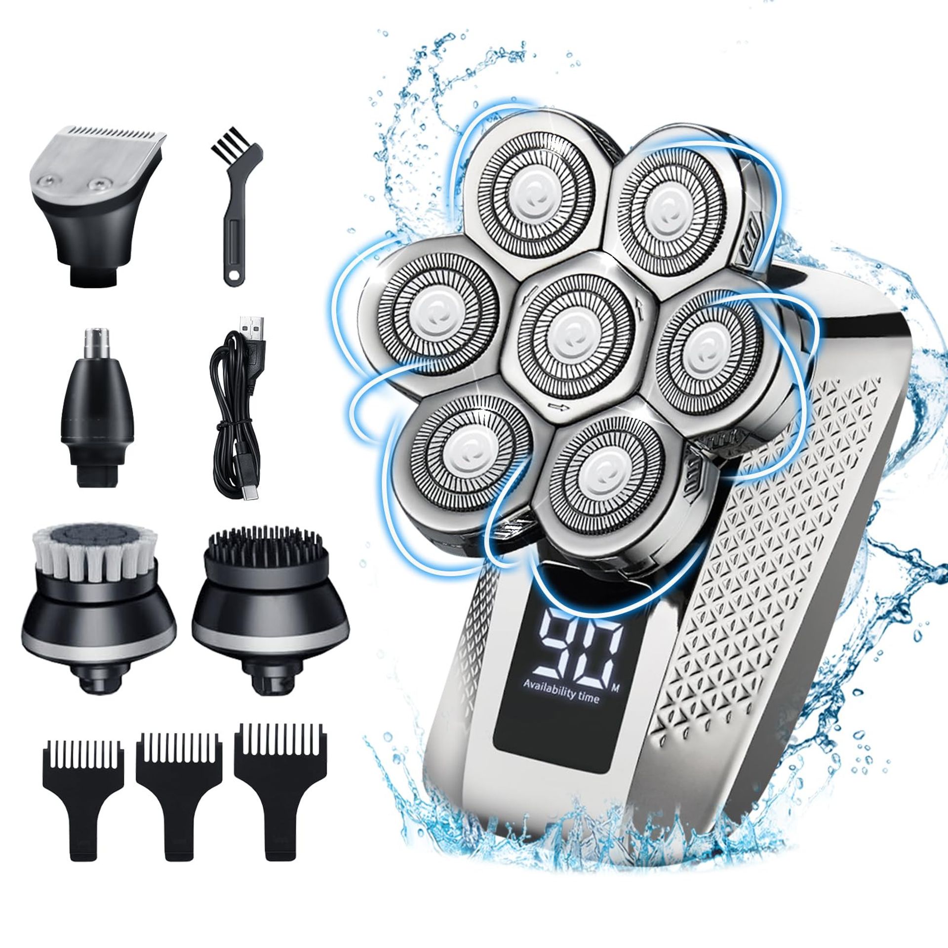 Professional 7D Rotary Head Shaver 5-in-1 Electric Razor with Nose Trimmer, LED Display, Wet & Dry Use, Travel Lock - Silver