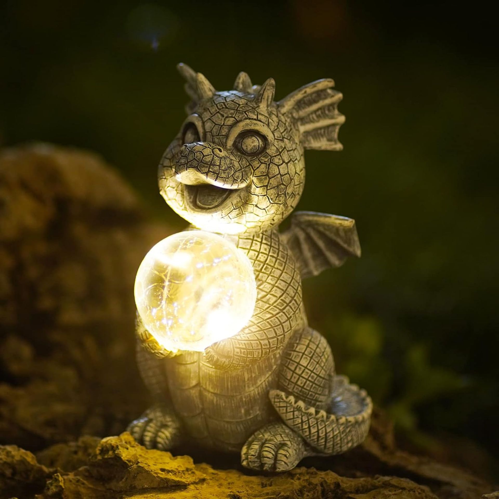 Dragon Garden Statue Solar Powered LED Light Ornament with Gazing Ball for Patio, Lawn and Yard Décor - Grey 19cm