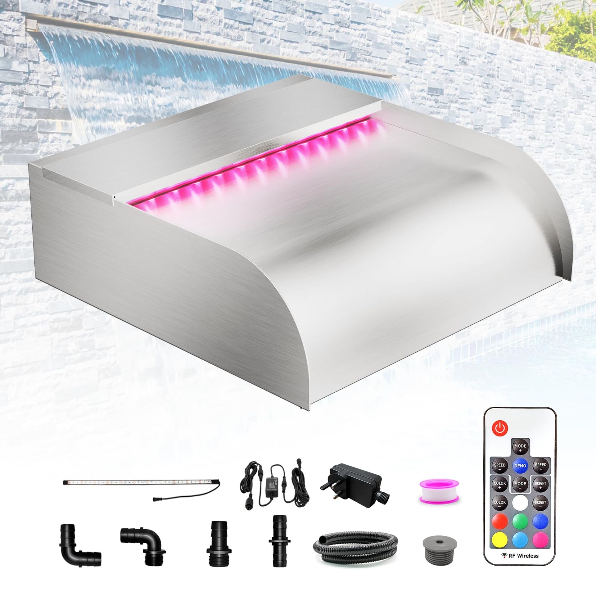 Pond Waterfall Blade Kit 304 Stainless Steel Spillway Fountain with 7-Colour LED Lights and Remote Control - Non-bluetooth 30x31x10CM