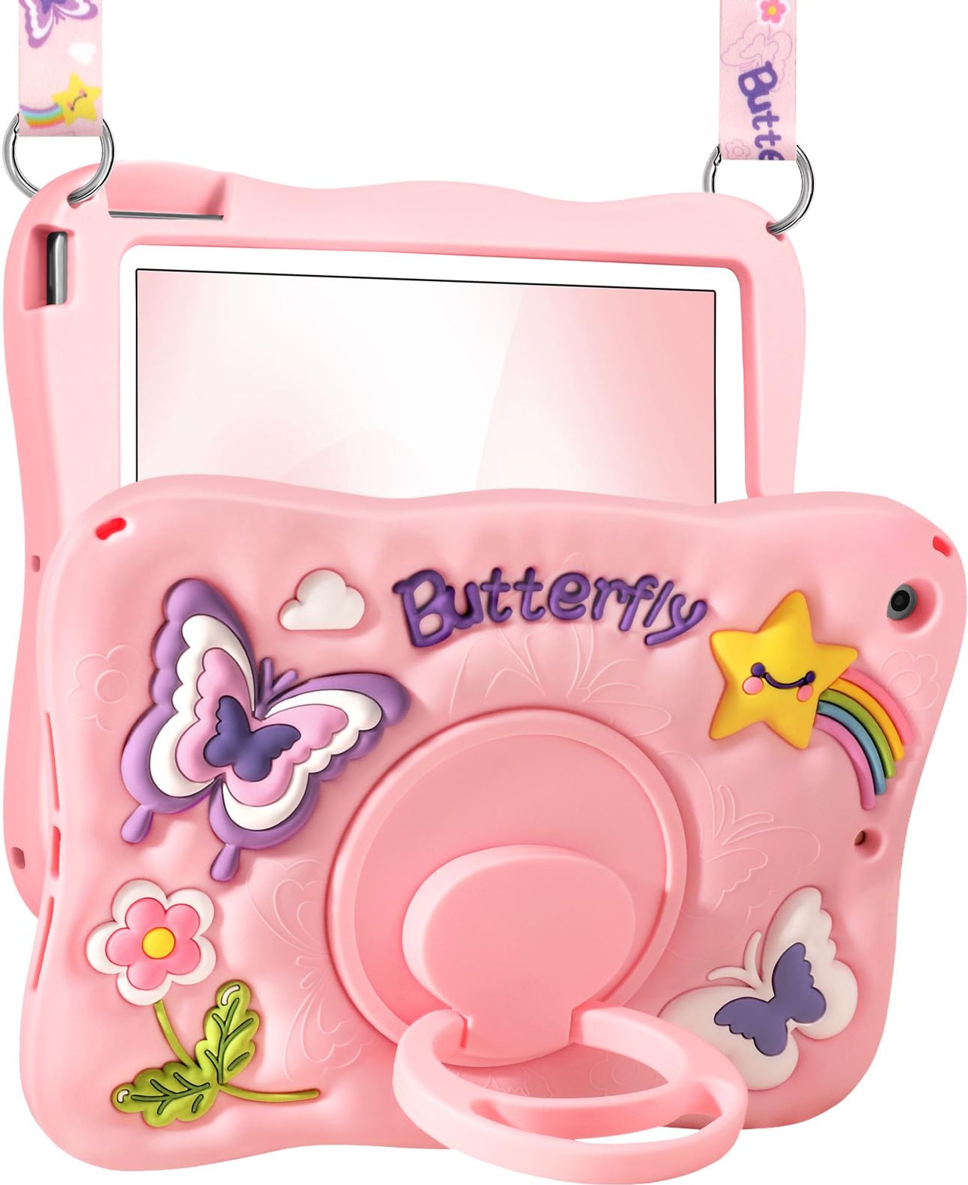 iPad 10.2" Case 3D Butterfly Design Soft Silicone Cover with Rotating Stand & Shoulder Strap - Pink Butterfly for iPad 7th/8th/9th Gen