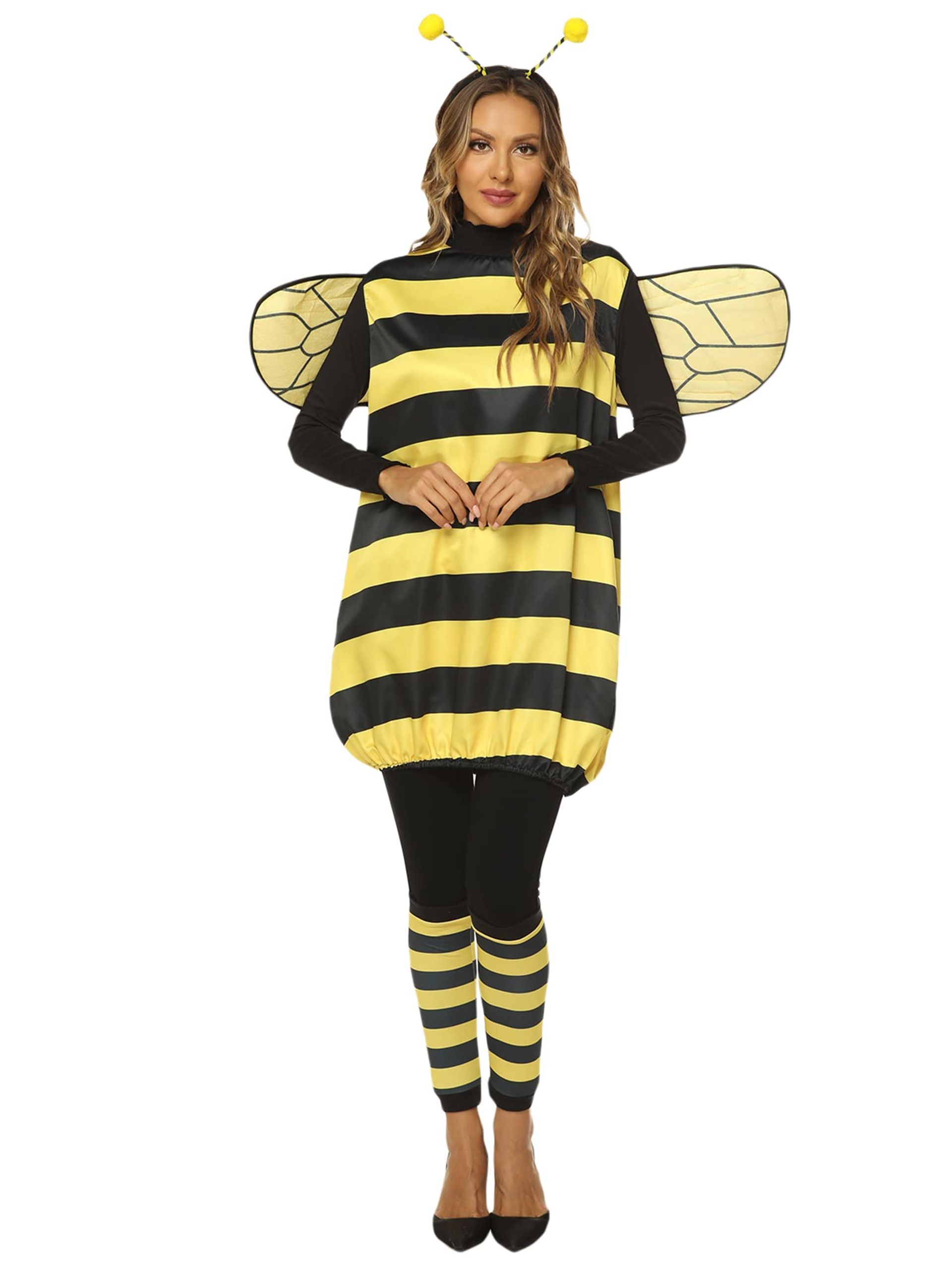 Women's Bumble Bee Fancy Dress Halloween Cosplay Set with Wings, Headband & Leg Sleeves - A-Yellow Adults S