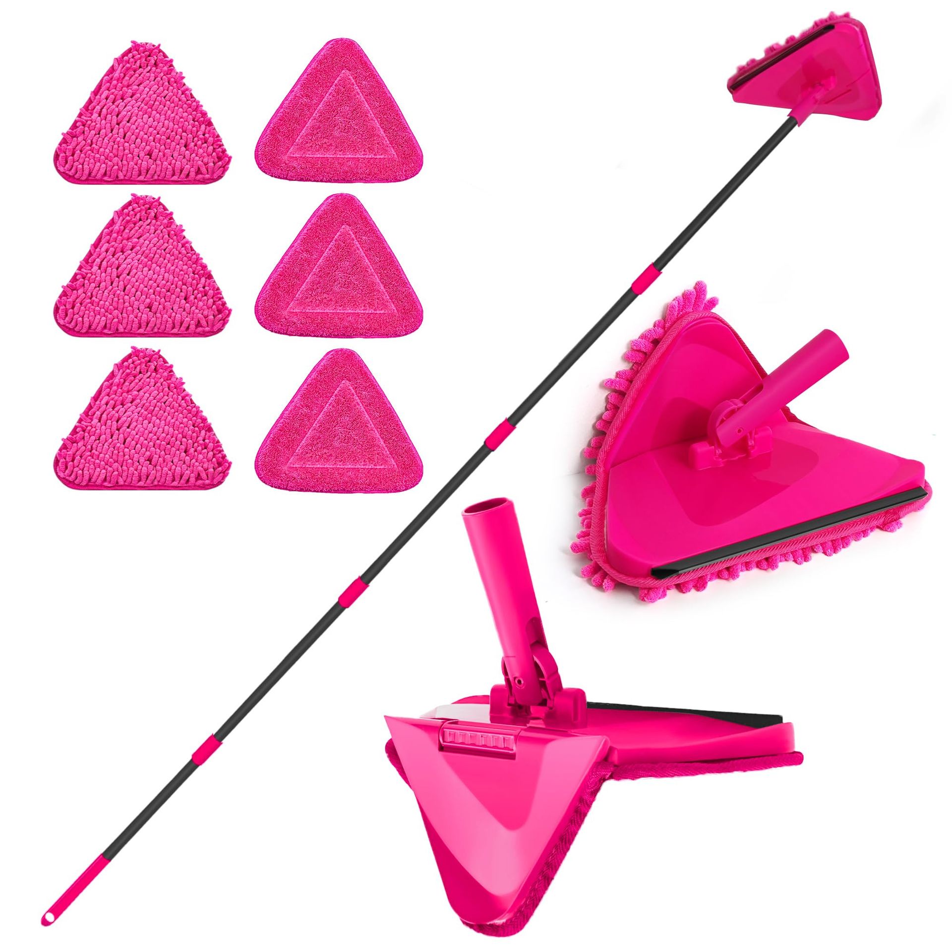 Wall Mop with Long Handle 202cm 180° Folding Baseboard Cleaner with Squeegee and Washable Microfibre Pads - Rose Red Standard