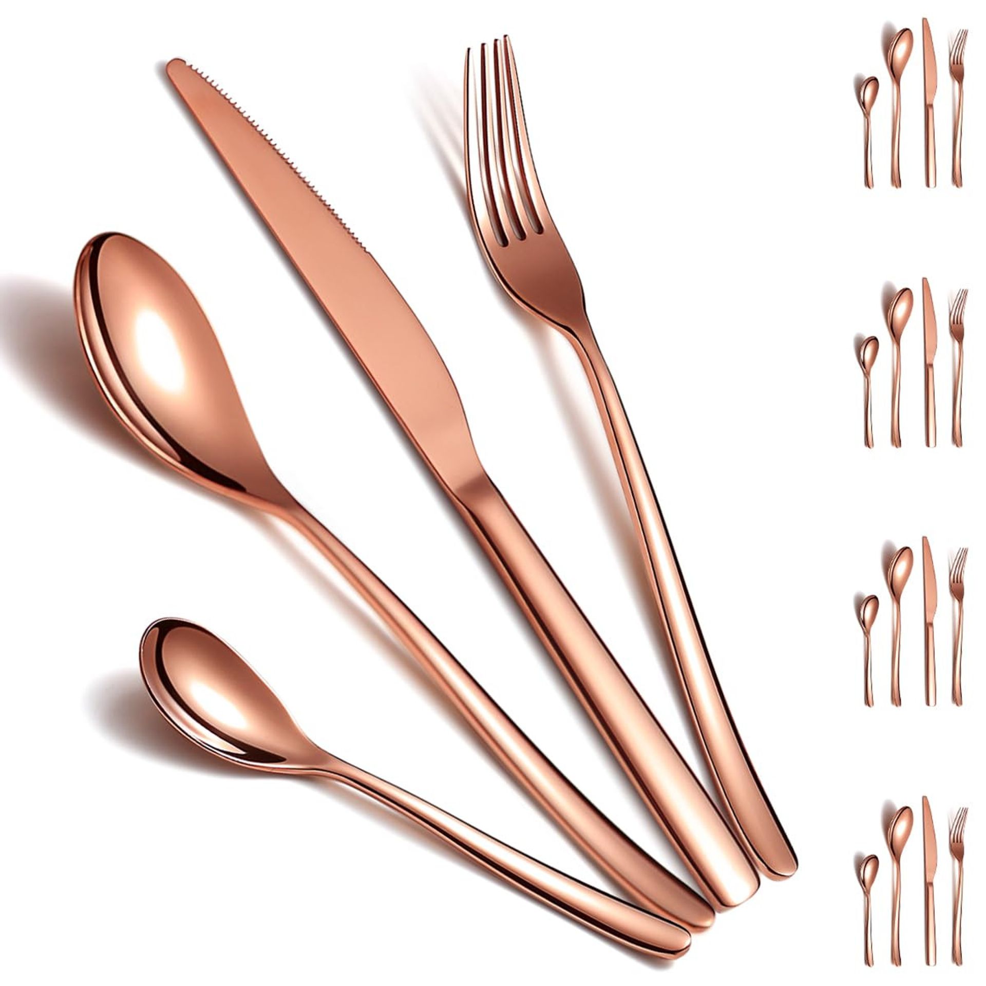 16 Piece Cutlery Set for 4 Titanium Plated Stainless Steel Flatware with Knives, Forks, Spoons and Teaspoons Dishwasher Safe - Rose Gold 16 Pieces - Valentines