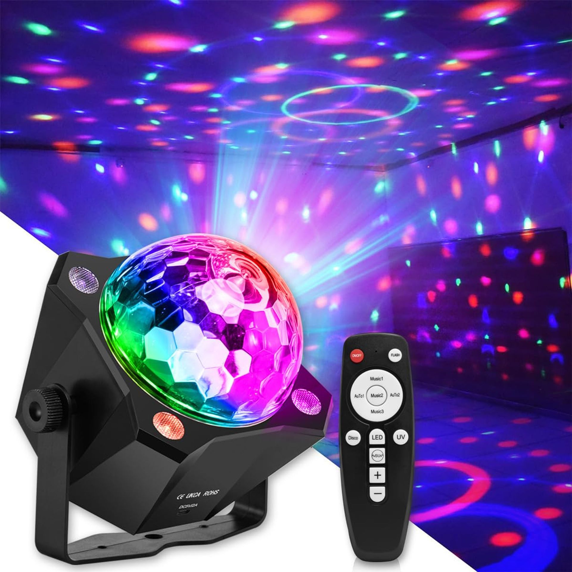 Party Lights Disco Ball Sound Activated DJ Light 6-Colour LED with Remote for Home Parties - Red Green Blue Yellow Purple White UV Disco Ball Light