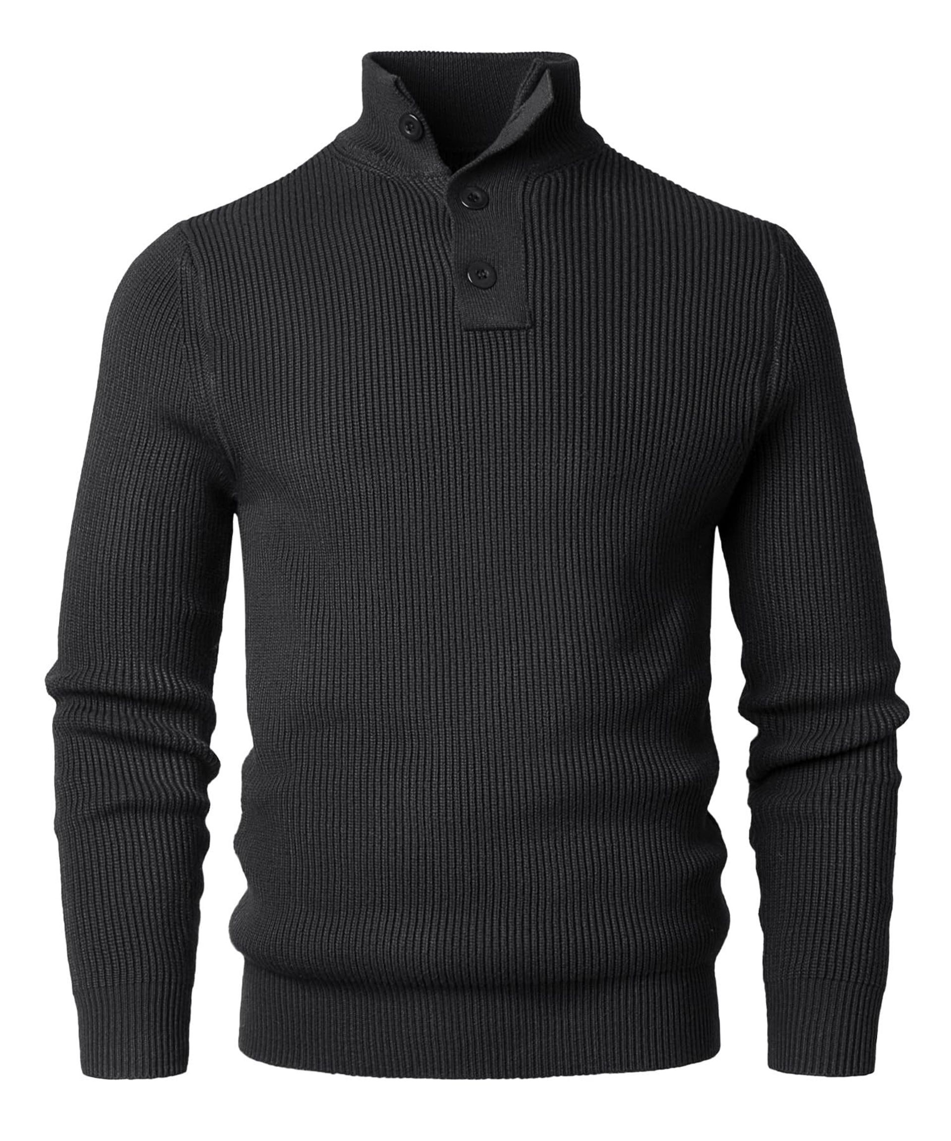Men's Knitted Jumper Long Sleeve Button-Up Pullover Winter Knitwear - Black L