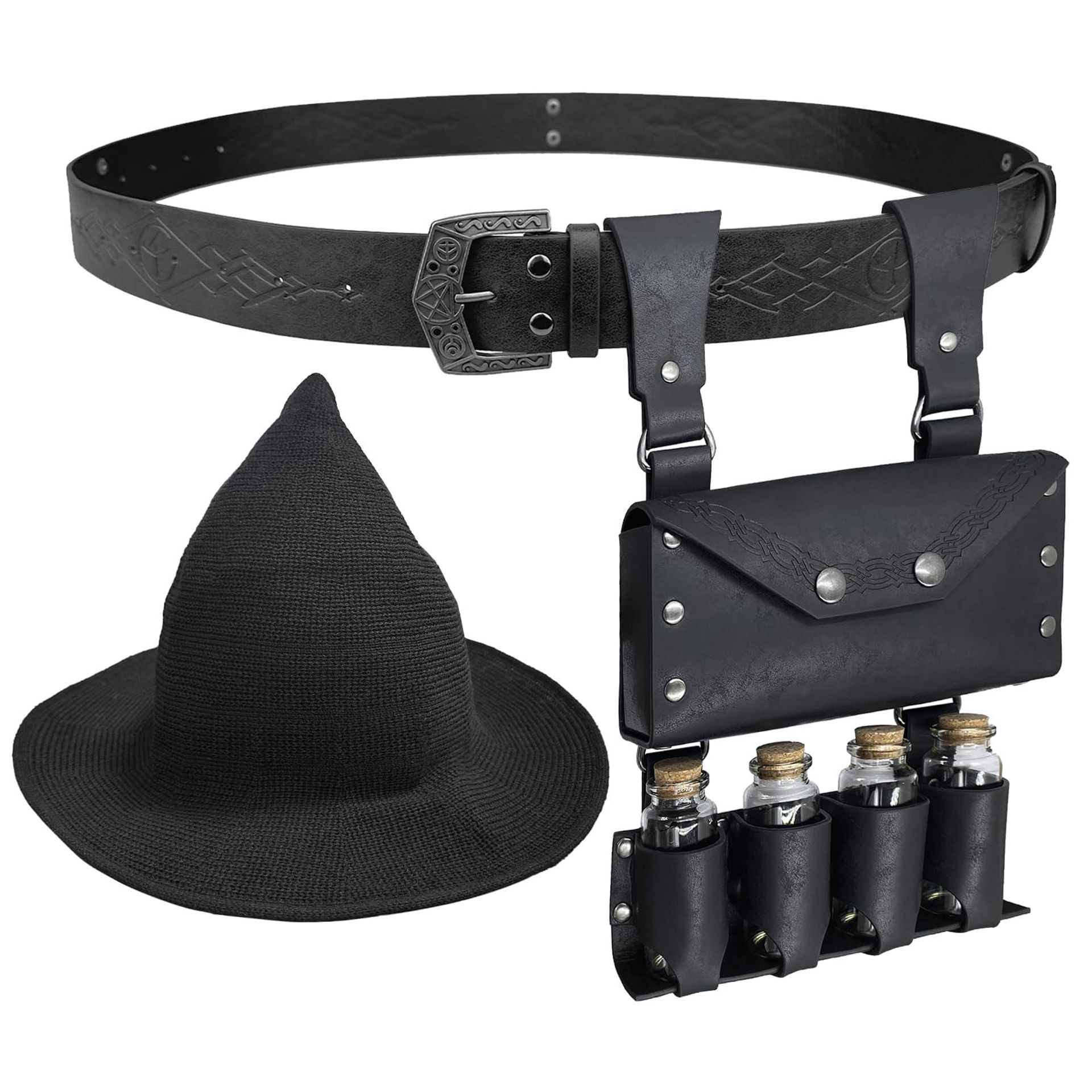 Medieval Alchemy Belt Waist Pouch Set with Potion Bottles for Cosplay and LARP - Black 145 cm
