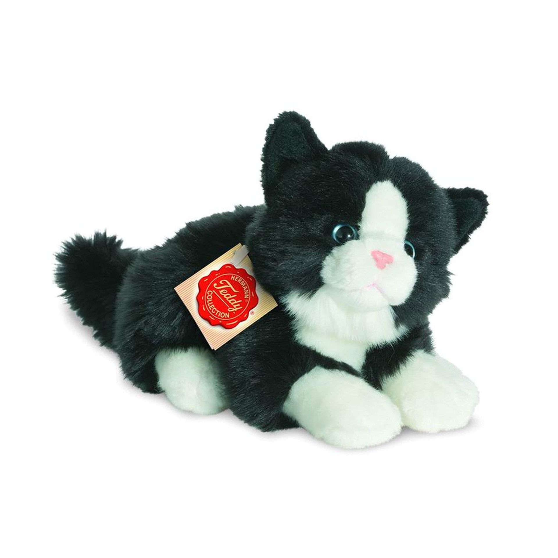 Teddy Hermann Soft Plush Cat Toy 75% Recycled Filling Washable 30°C - White Black 20 cm