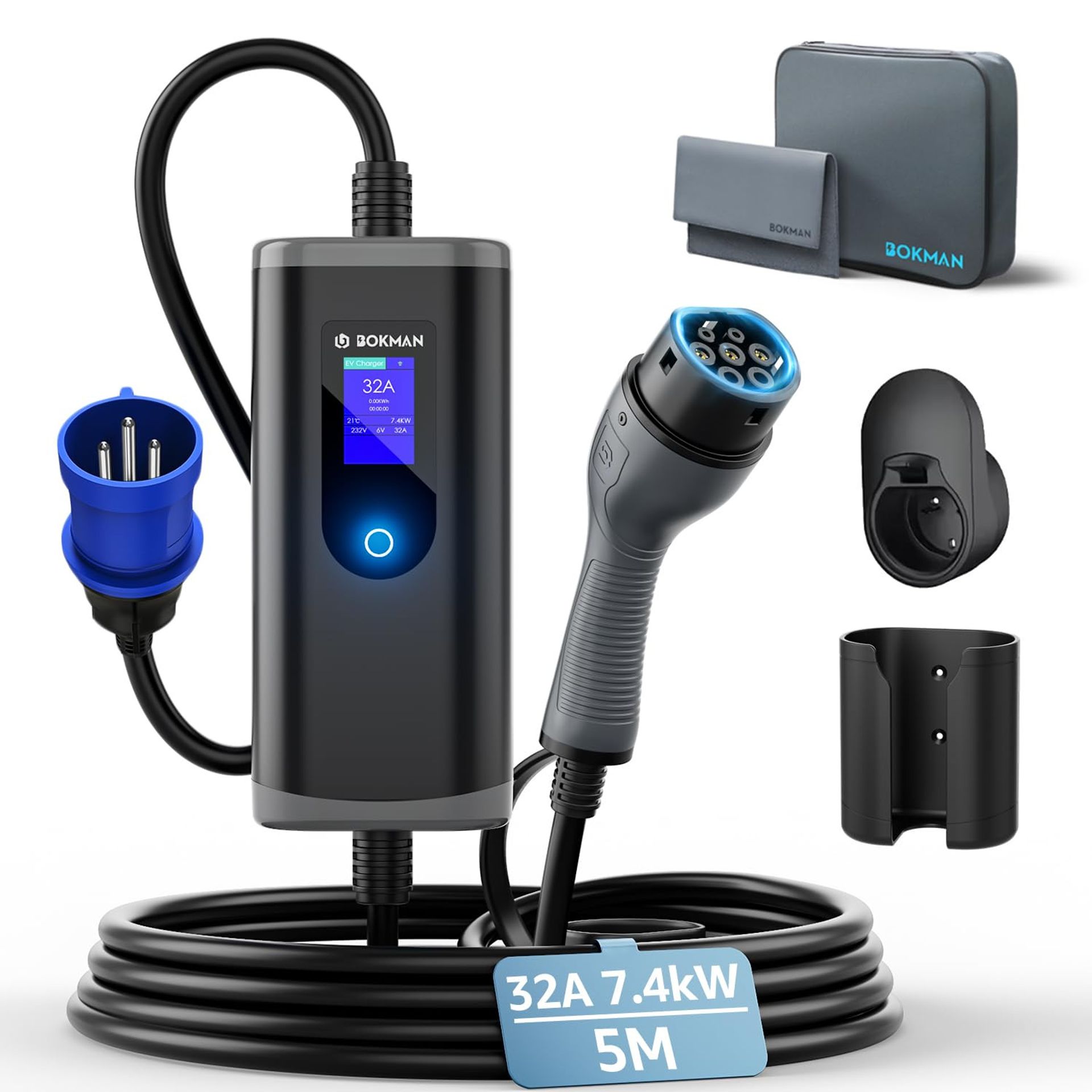 EV Charger Type 2 to CEE Plug 7.4kW 6-32A Adjustable Current 5m Cable IP65 Waterproof with LED Display - 7.4kW/6-32A 5M