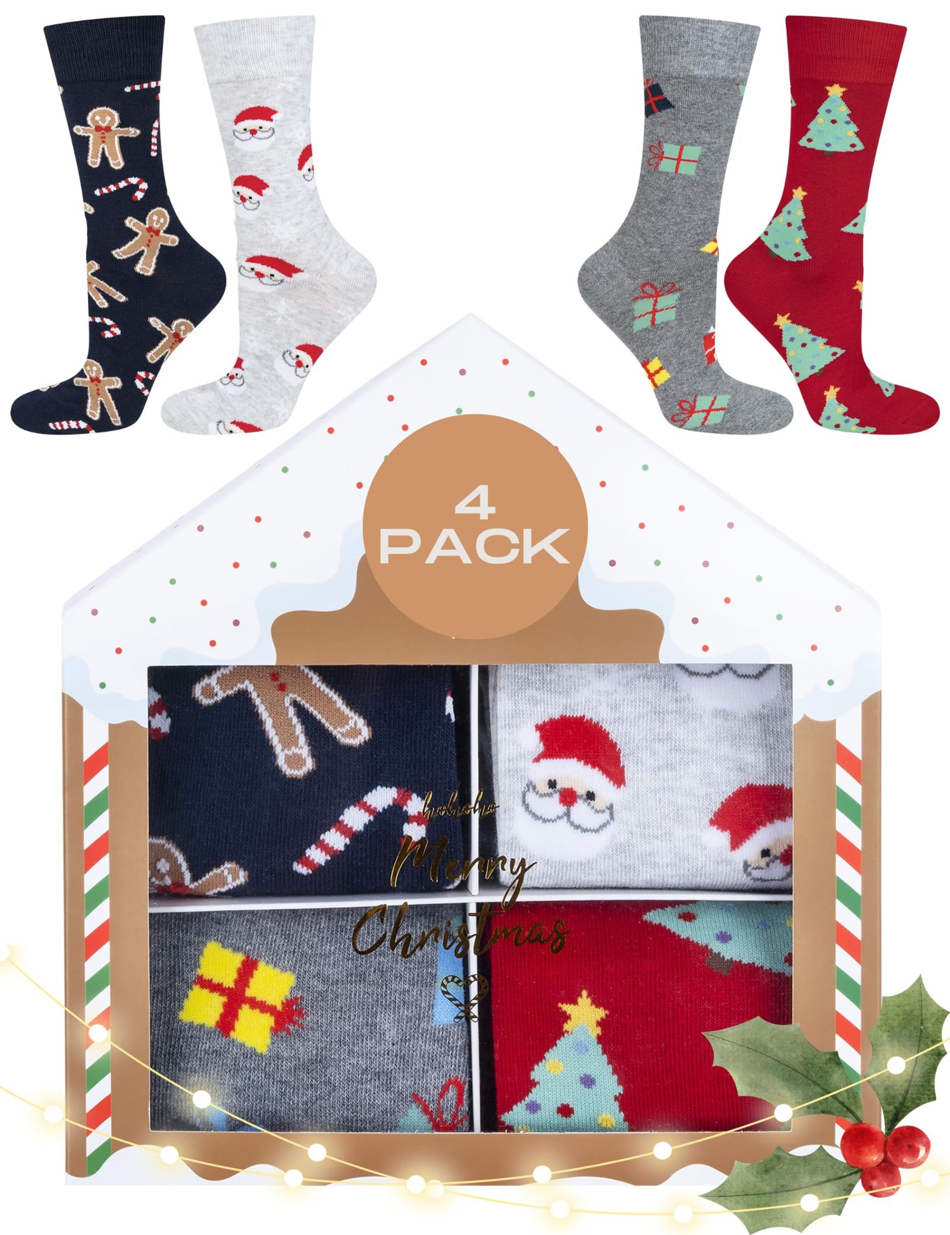 Men's & Women's Christmas Socks Gift Set Fun Festive Cotton Long Socks 4 Pairs - Multicolour UK 6.5-10.5