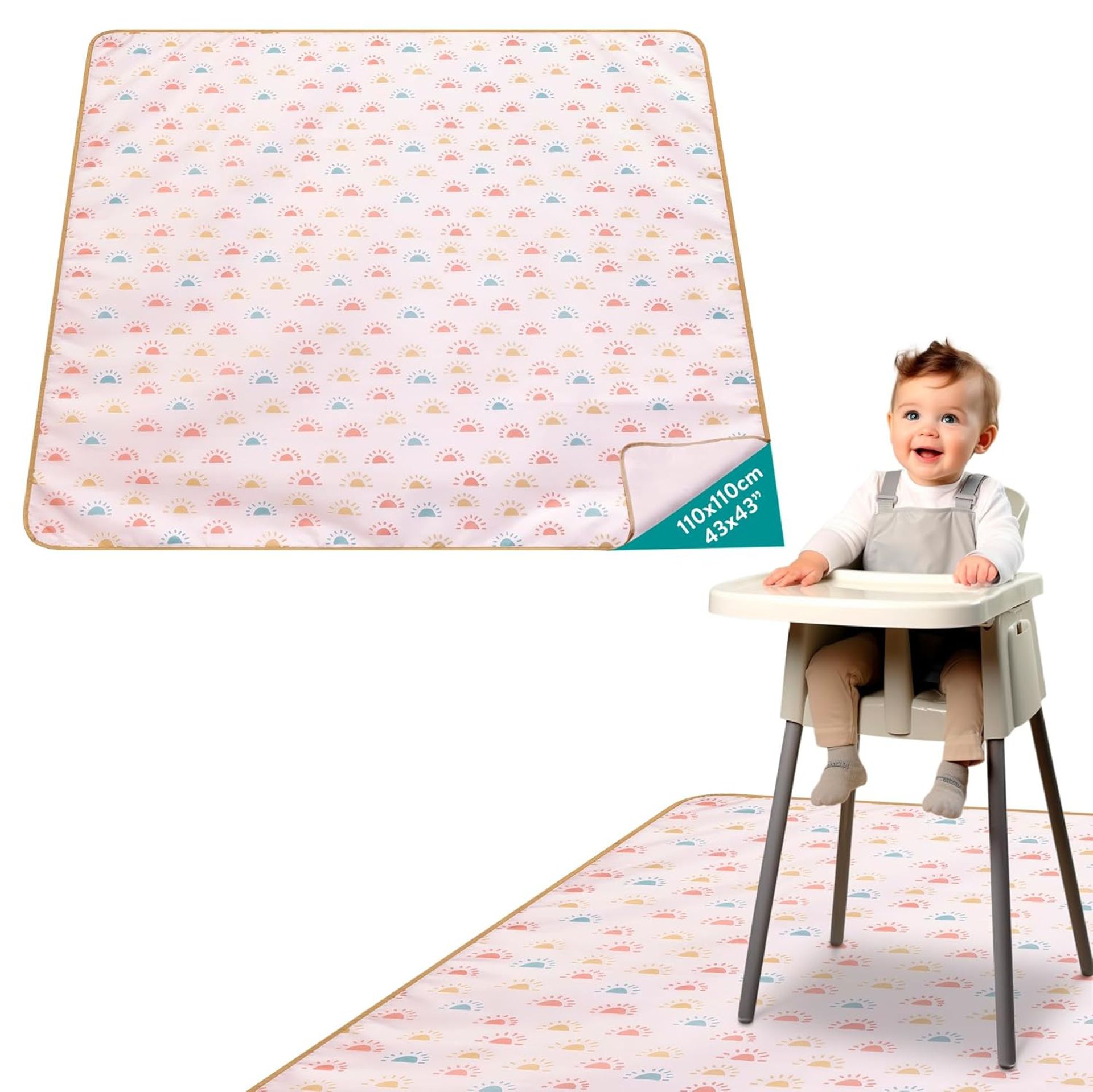 Baby Highchair Splash Mat Waterproof Non-Slip Washable Floor Protector for Weaning and Messy Play - Sun / White