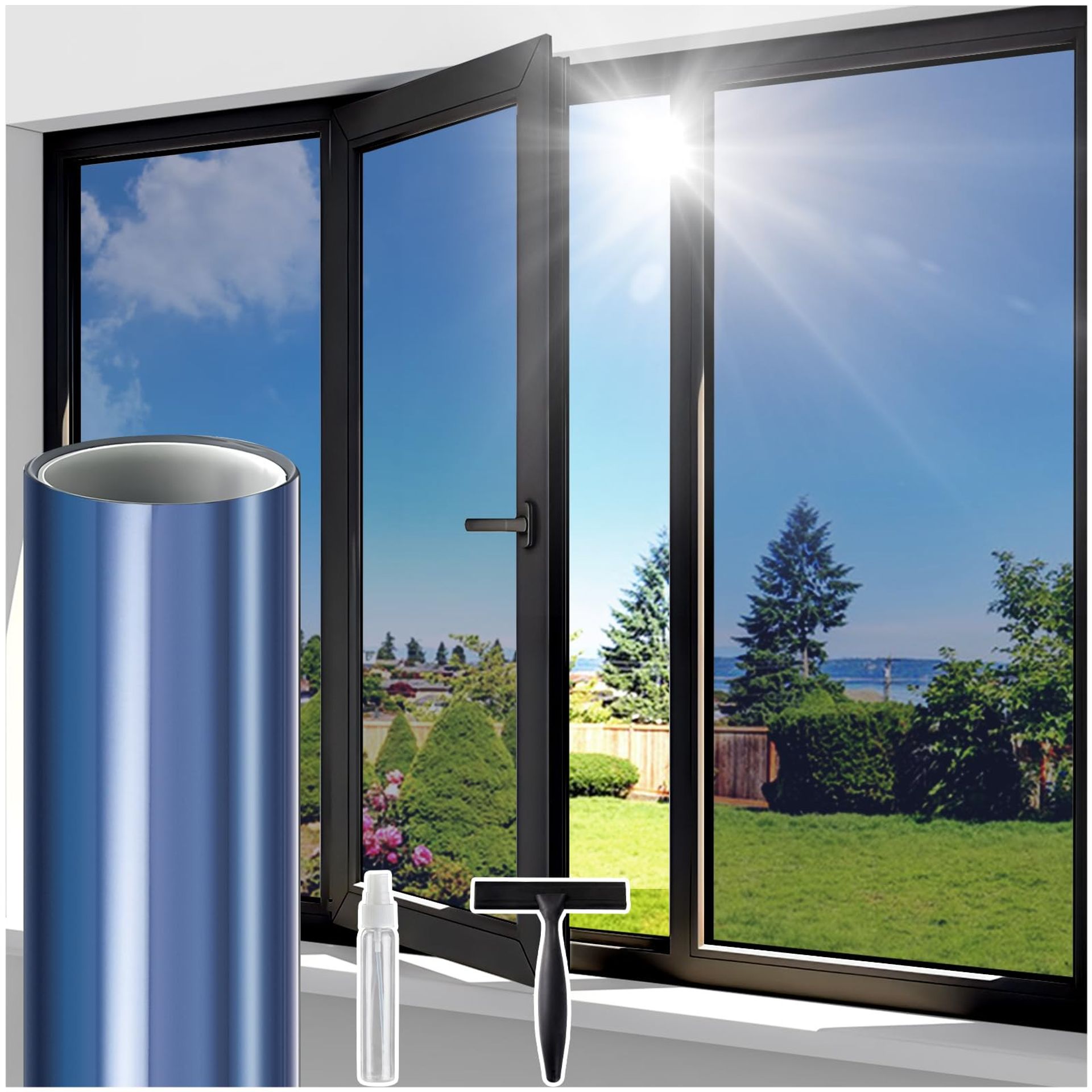 One Way Clear Window Film Privacy Heat Reflective Anti Glare UV Blocking Tint for Home Office - Blue-Silver 44.5x400cm