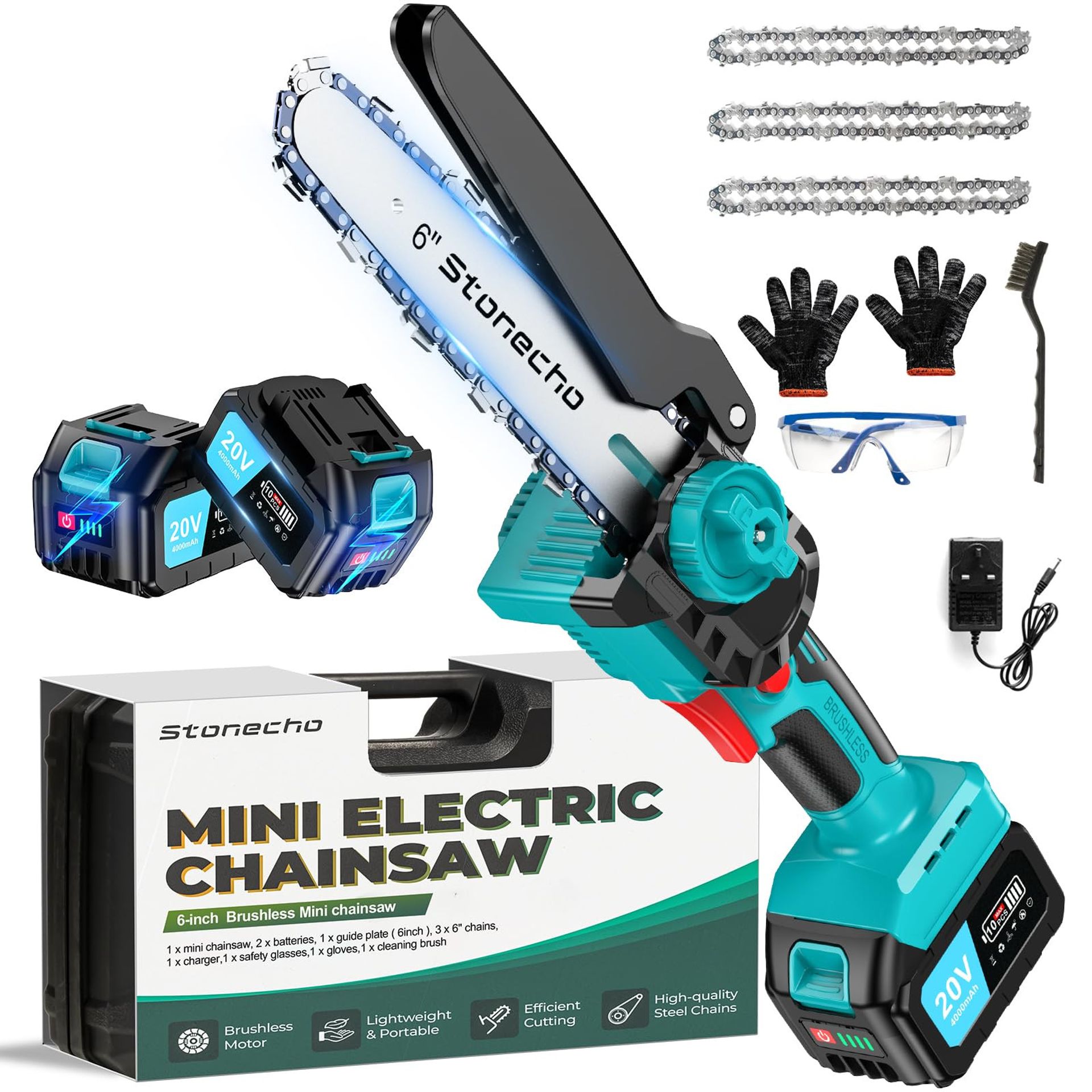 Mini Chainsaw 6 Inch Cordless Brushless Motor 36.5FT/S Speed with 2x4000mAh Batteries & 3 Chains - Black MC05