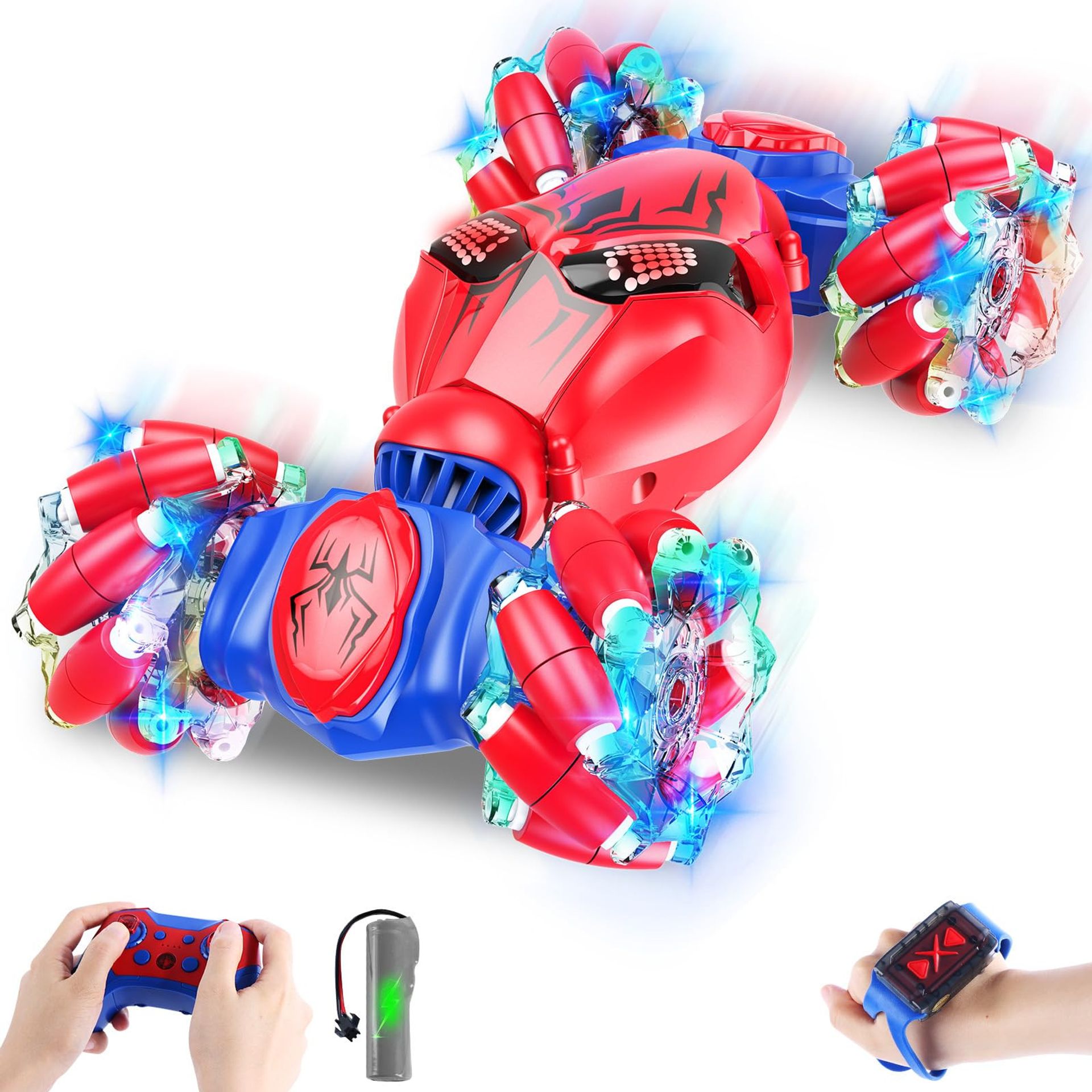 Remote Control Stunt Car 2.4GHz 4WD Double-Sided 360° Rotating Vehicle with Lights & Music Gesture Control - Red CV8818-109A