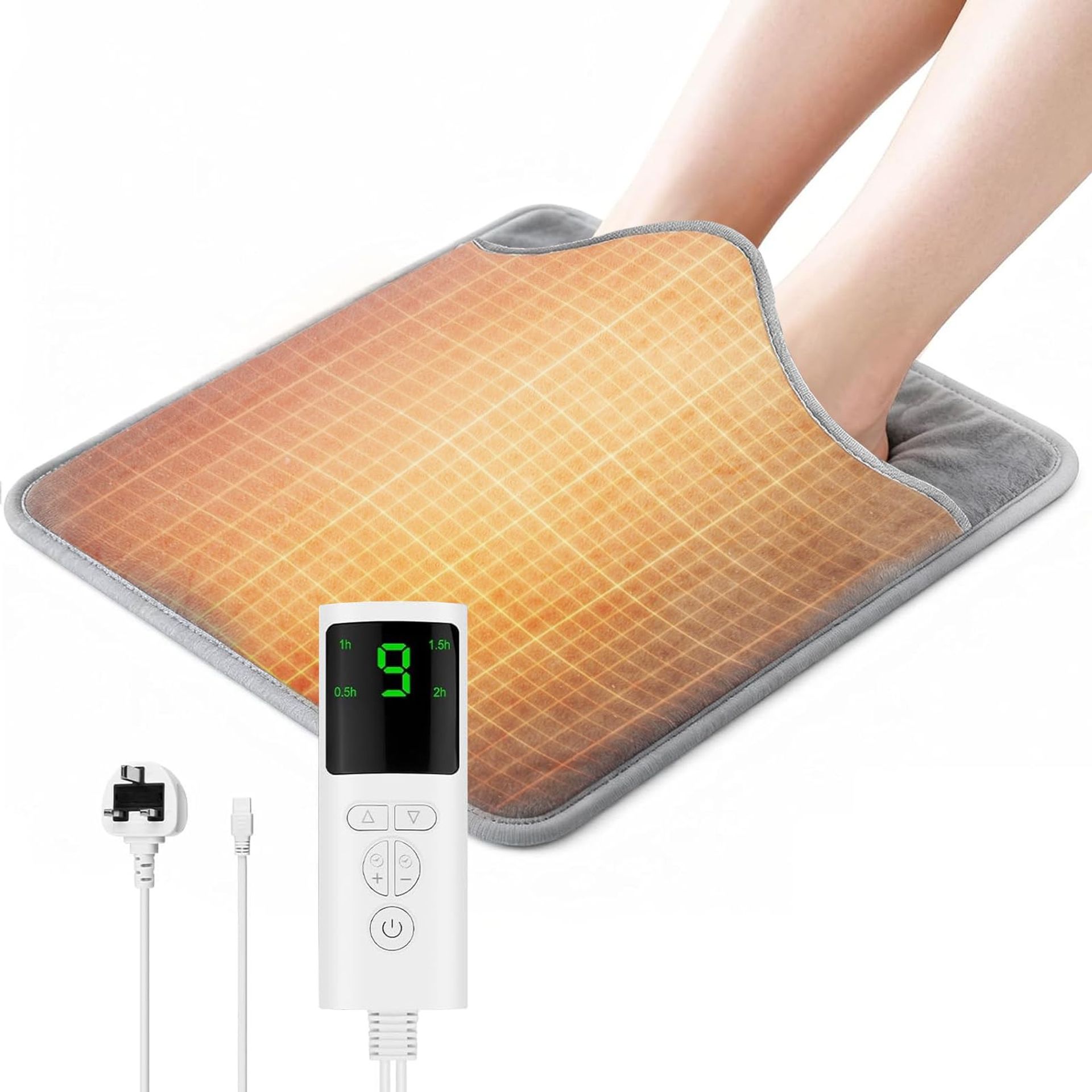 Electric Foot Warmer Heated Mat 9 Heat Levels 4 Timers Auto Shut-Off Washable - Grey 15.75" × 15.75"