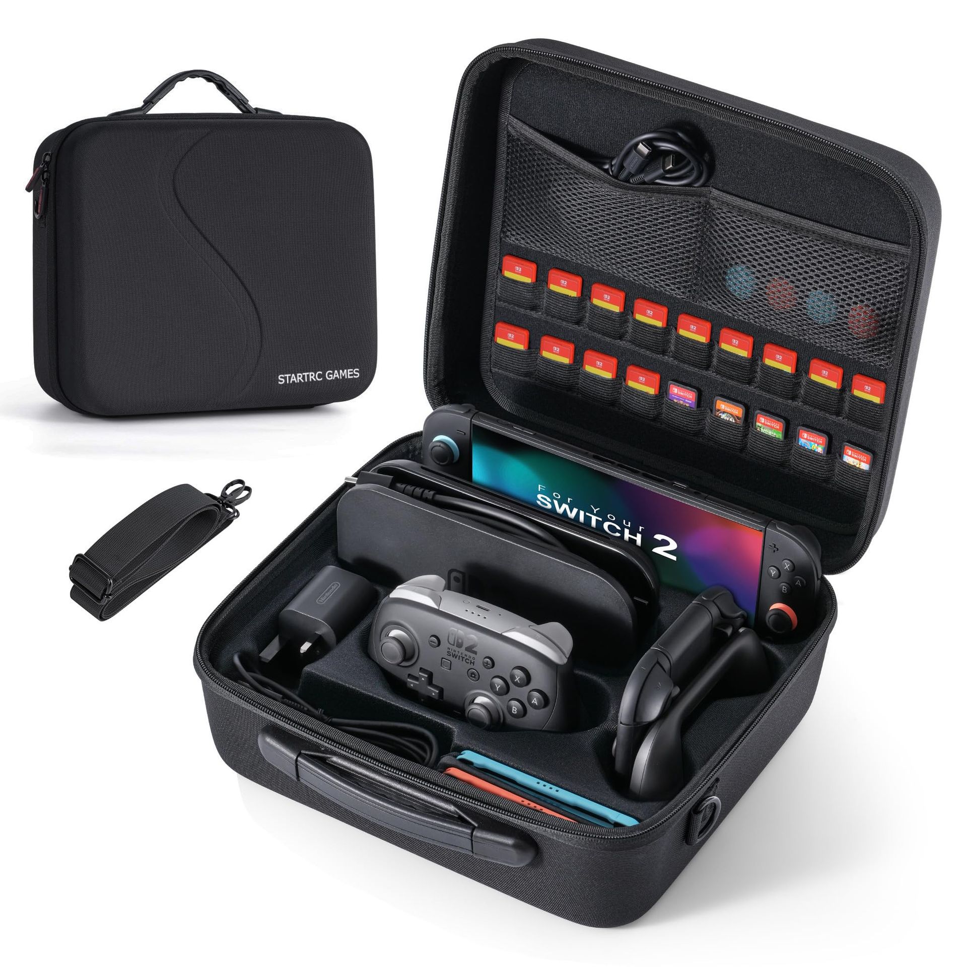 Hard Carry Case for Nintendo Switch 2 Console & Accessories 18 Game Card Slots Large Capacity Travel Bag - Black 30cm