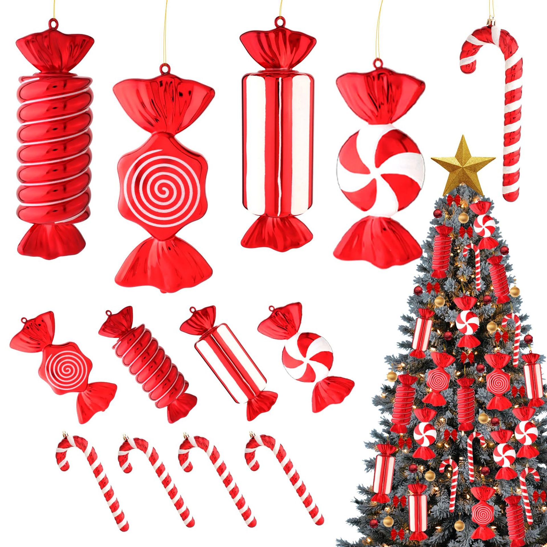8 Pcs Large Candy Cane Christmas Tree Ornaments Peppermint Lollipop Decorations for Holiday & Party Décor - Red White 30cm