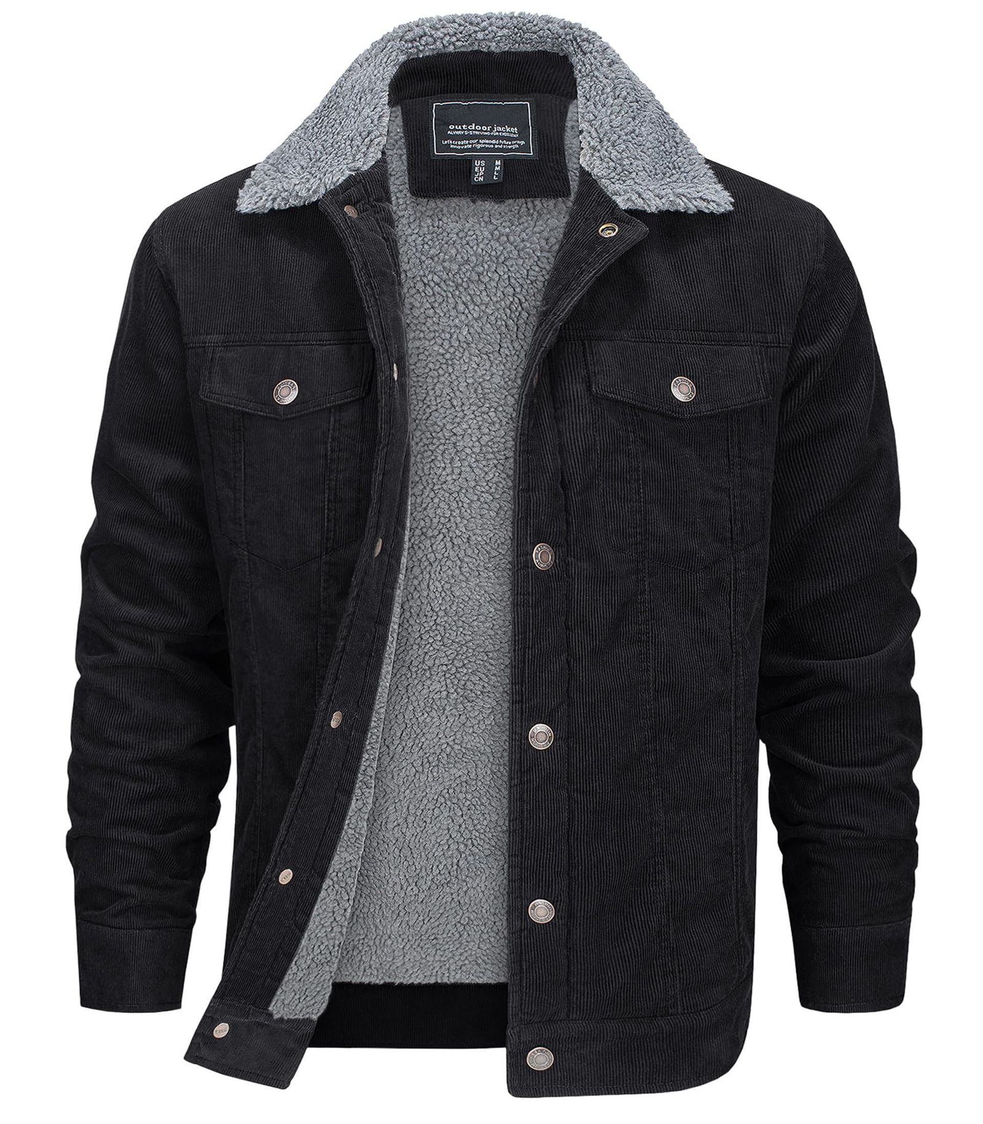 Men's Sherpa Fleece Corduroy Trucker Jacket Warm Winter Coat with Multi Pockets - Black 3XL