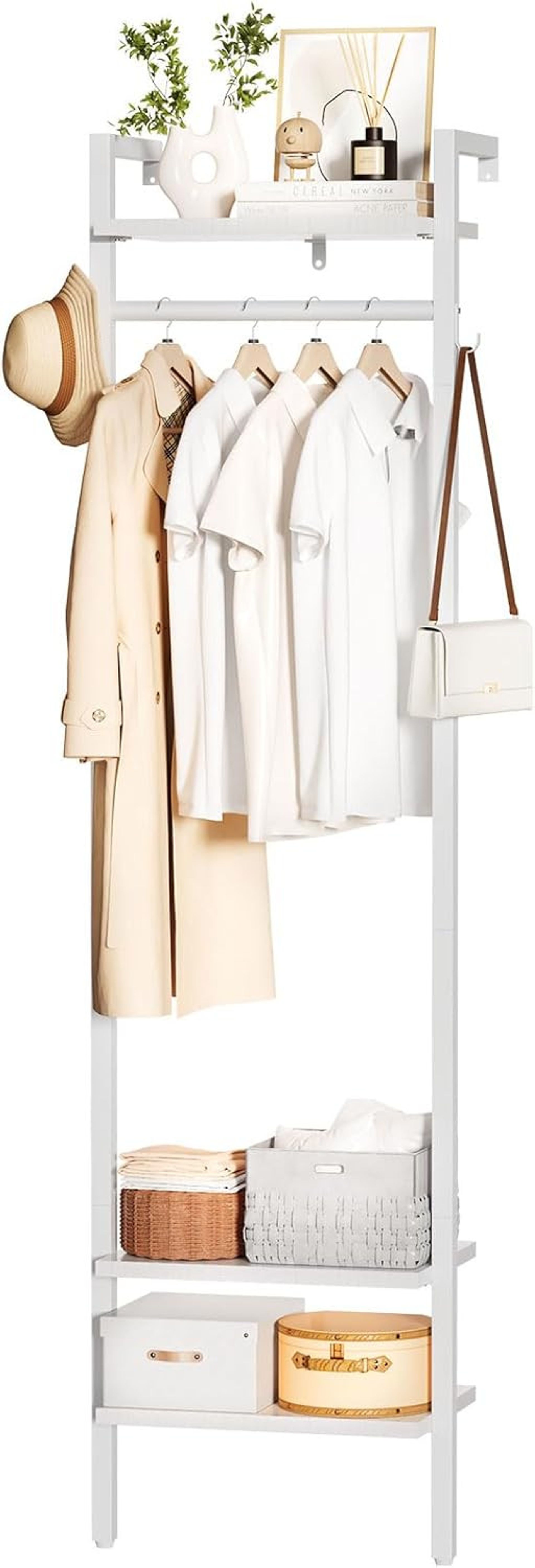 Freestanding Coat Rack Tall 180cm Industrial Clothes Stand with Hooks and Shelves for Hallway, Bedroom, or Entryway - White 180cm
