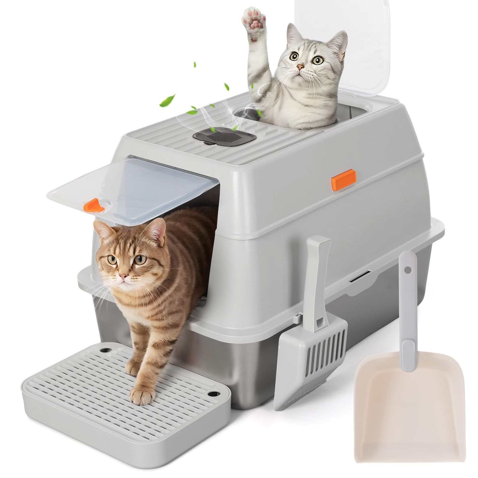 Stainless Steel Cat Litter Tray with Lid, Enclosed XXL Litter Box Easy Clean Design - Grey Extra Large