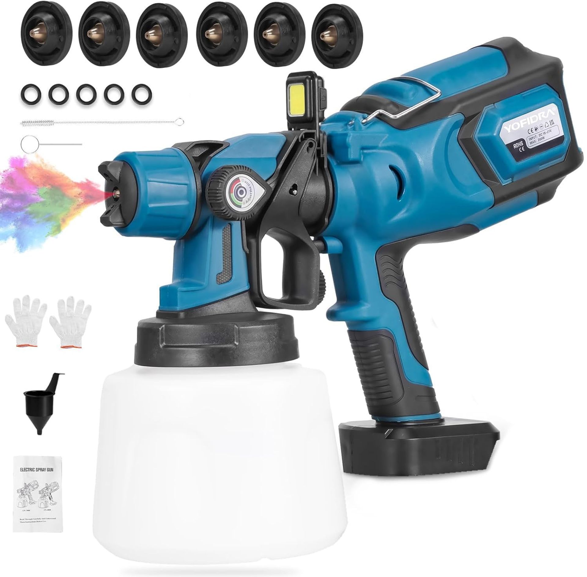 Cordless Paint Sprayer 800W HVLP Electric Paint Gun with 6 Nozzles & LED Light 1400ml Capacity - Blue 1400ML