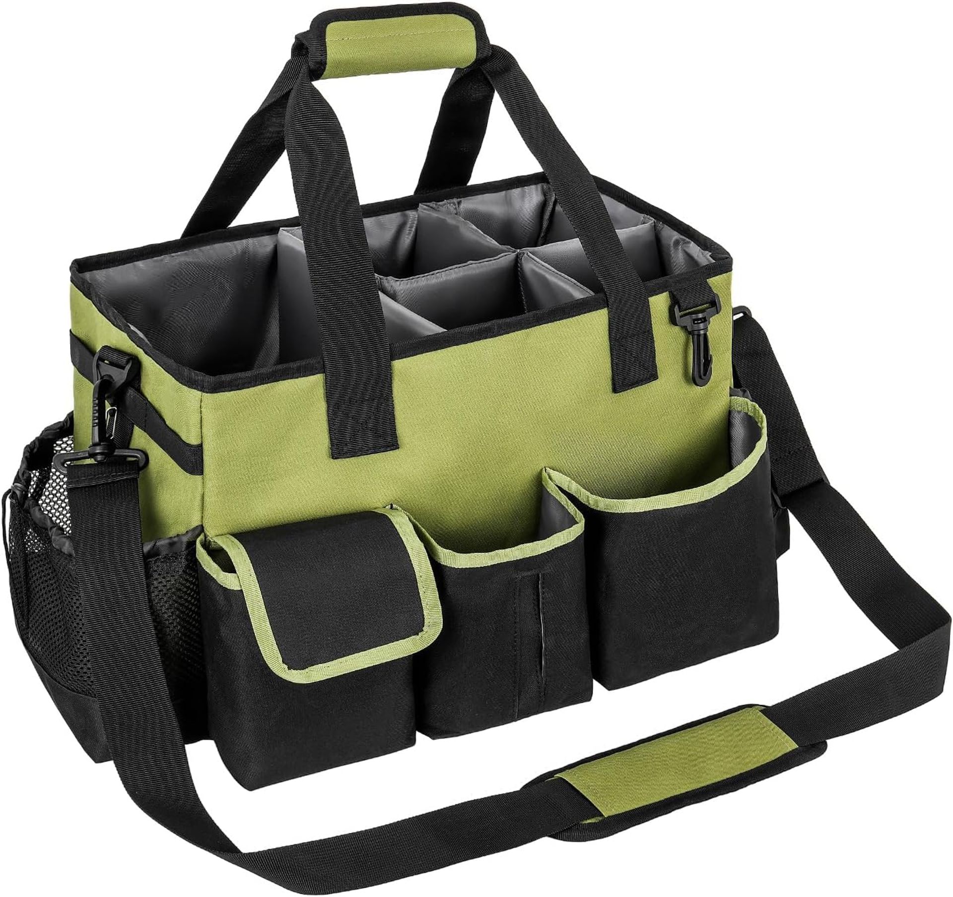 Cleaning Caddy Organiser with Handle Adjustable Belt & Dividers for Home, Car & Garden Supplies - Green Large