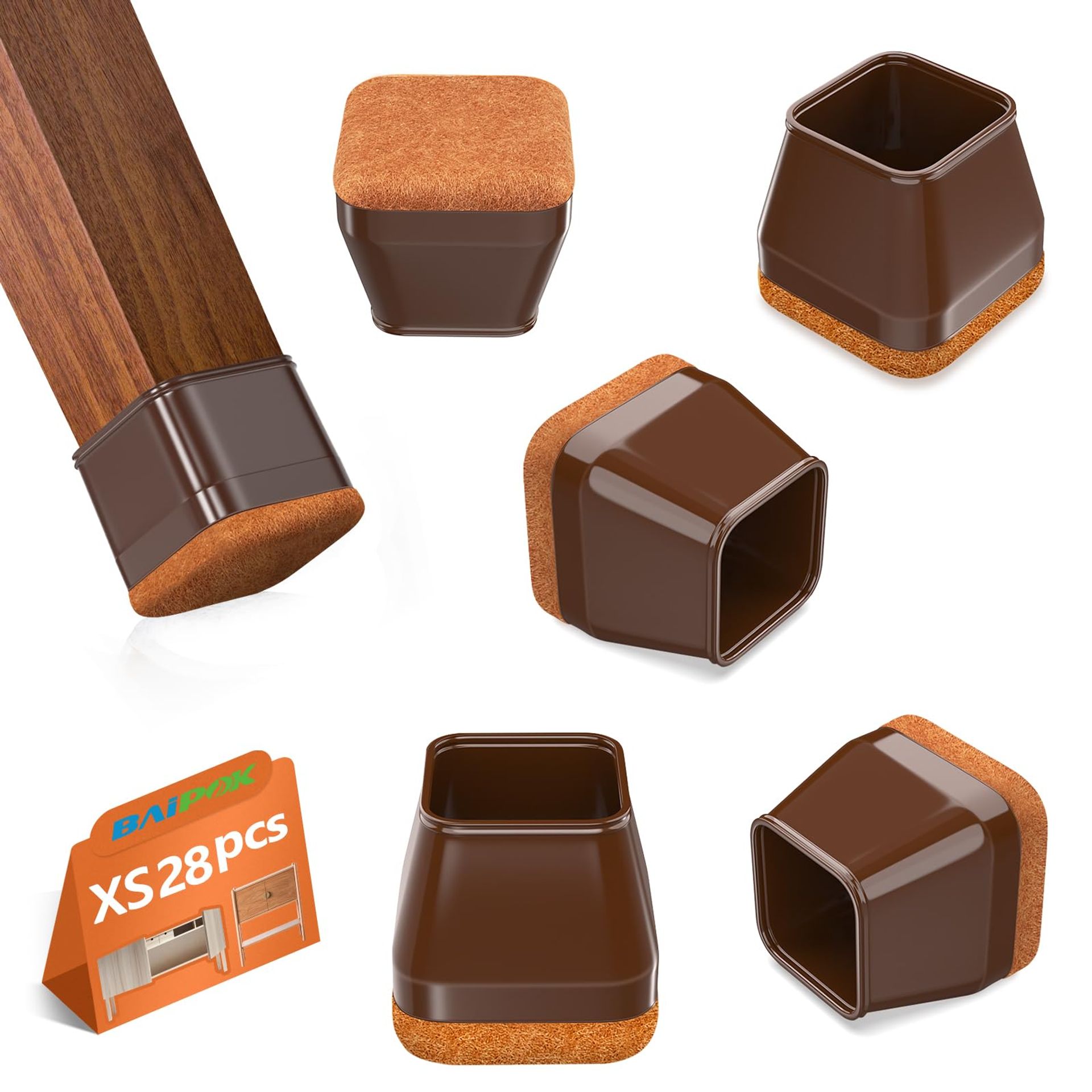 Chair Leg Floor Protectors Silicone Square Caps with Felt Pads for Hardwood Floors - Brown XS(17-22mm)