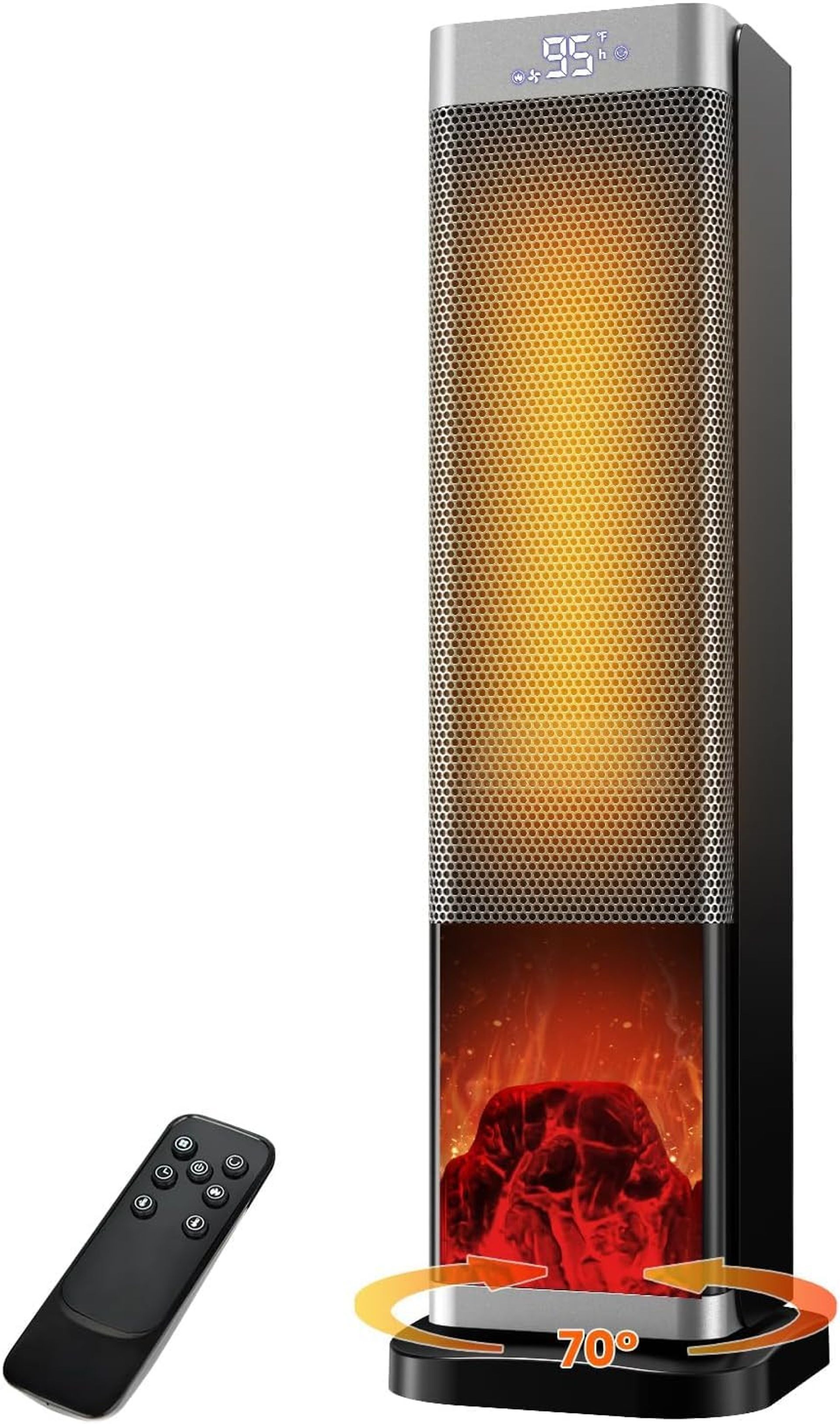Electric Space Heater 2000W with Remote, 70° Oscillation, 3D Flame & ECO Mode - Silver 23-Inch
