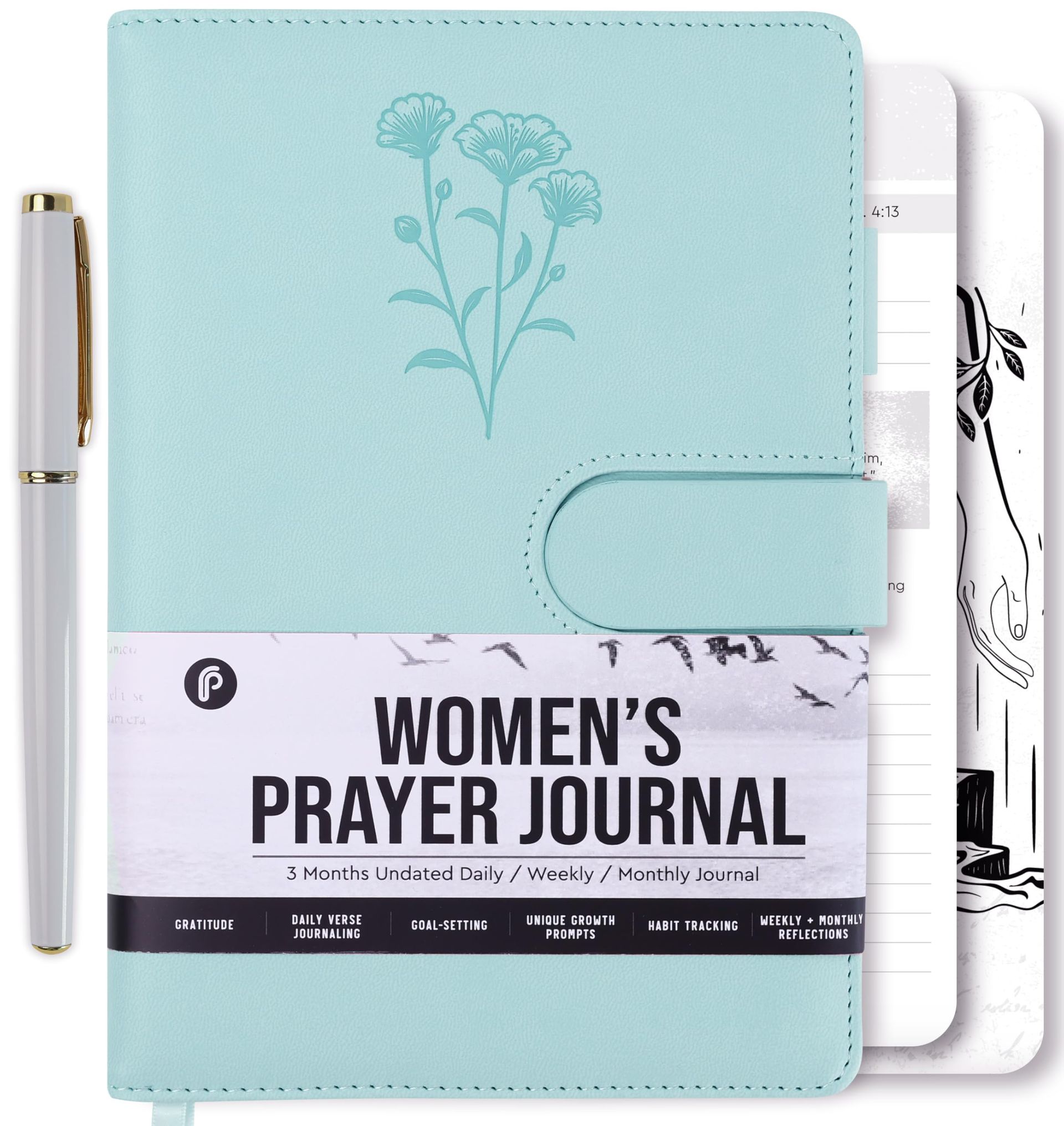Leather Christian Prayer Journal for Women Daily Gratitude & Scripture Notebook - Blue Flower Style