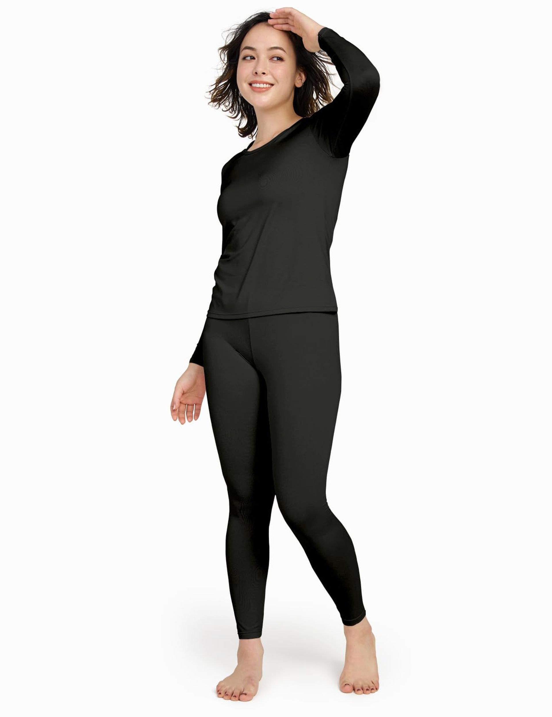 Women's Thermal Underwear Set Fleece Lined Base Layer Soft Warm Breathable Long Sleeve Top & Bottom - Black L